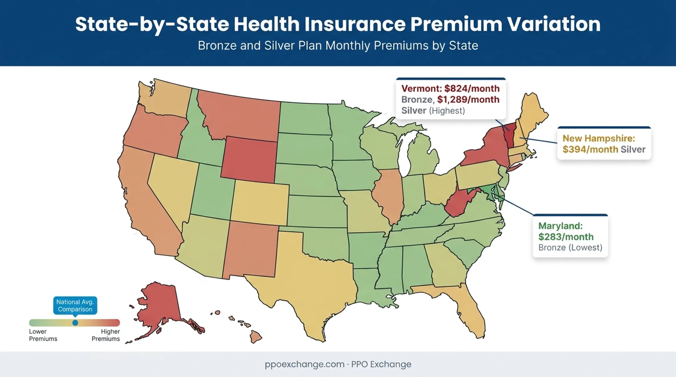 US state health insurance premium price range map comparison