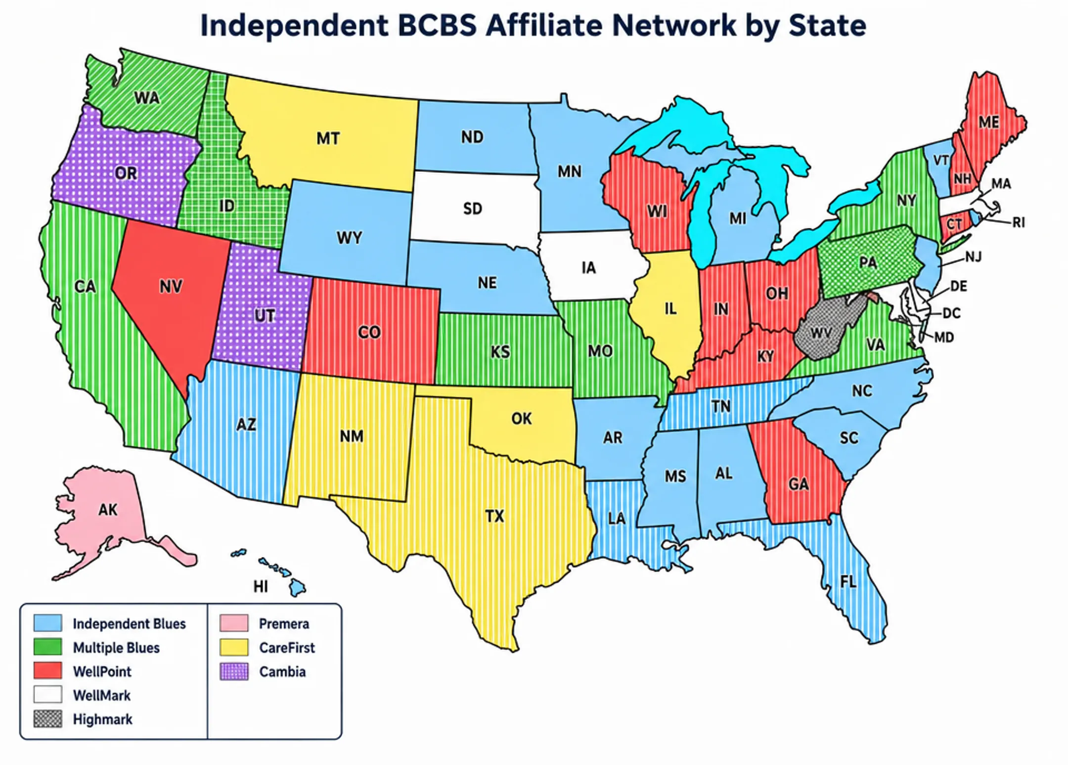 Map showing nationwide Blue Cross Blue Shield network coverage across states