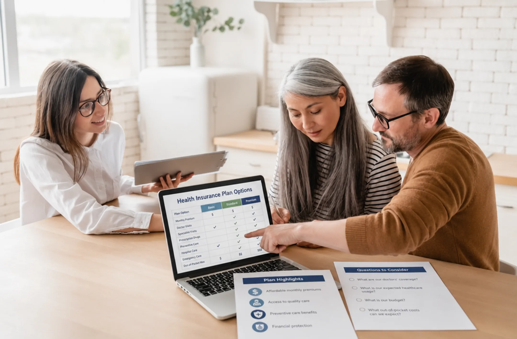 Family reviewing health insurance plan documents with advisor at home