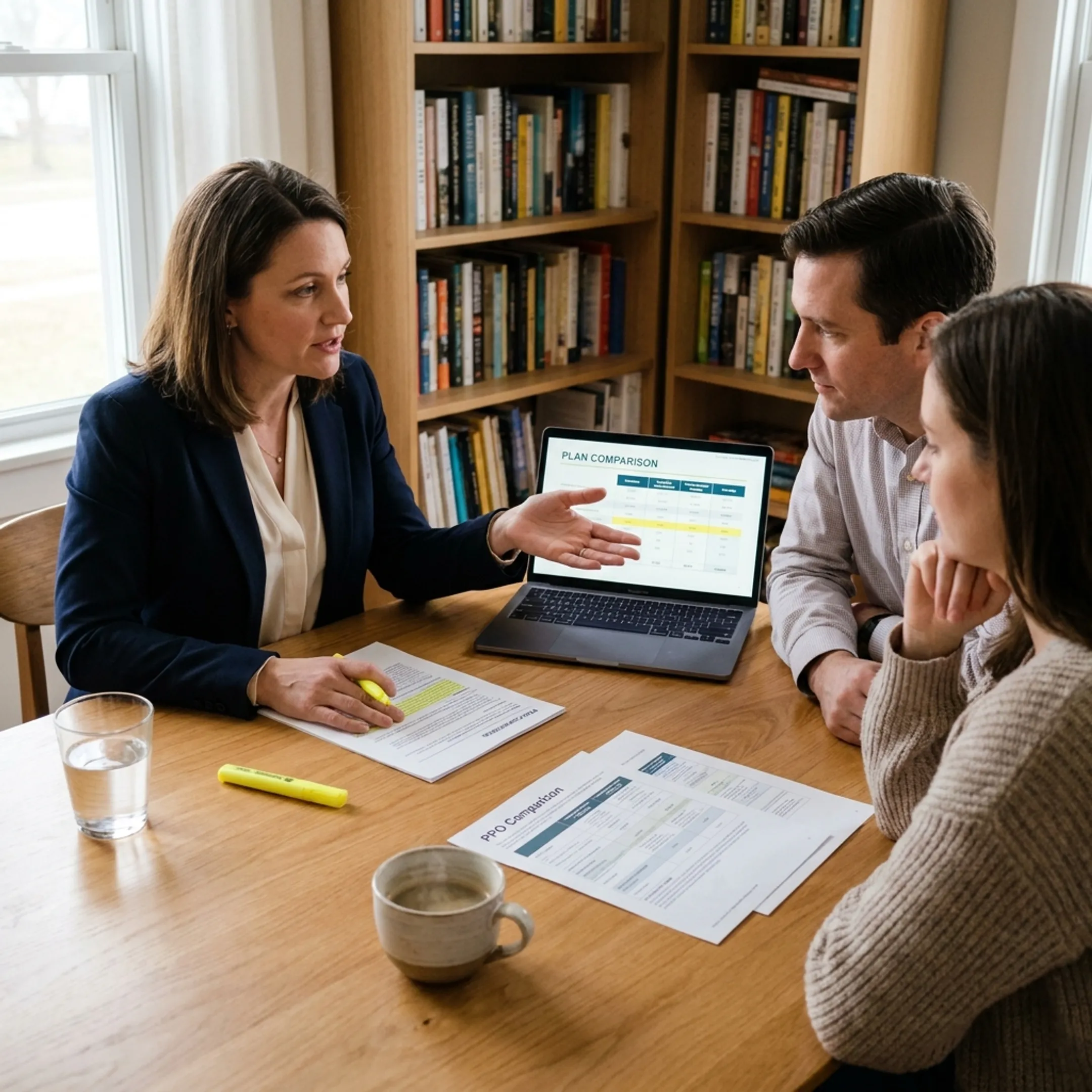 Advisor explaining PPO plan choices to a couple