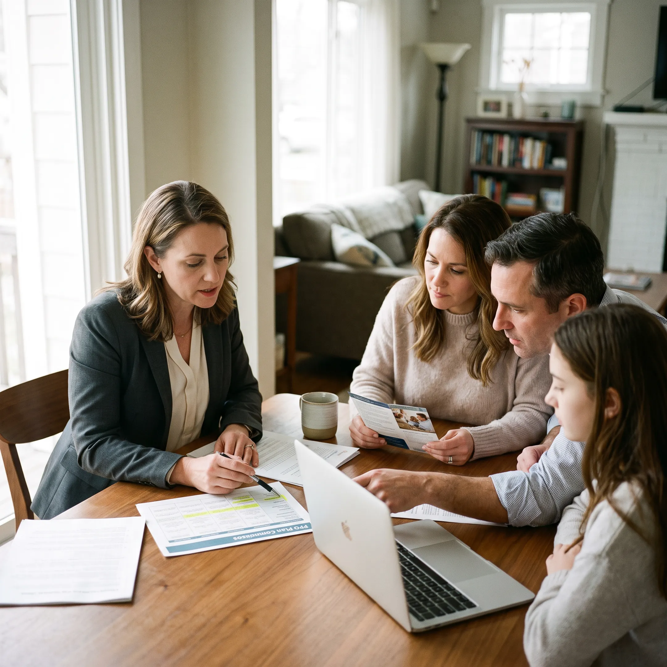 Family reviewing private PPO health insurance options with an advisor