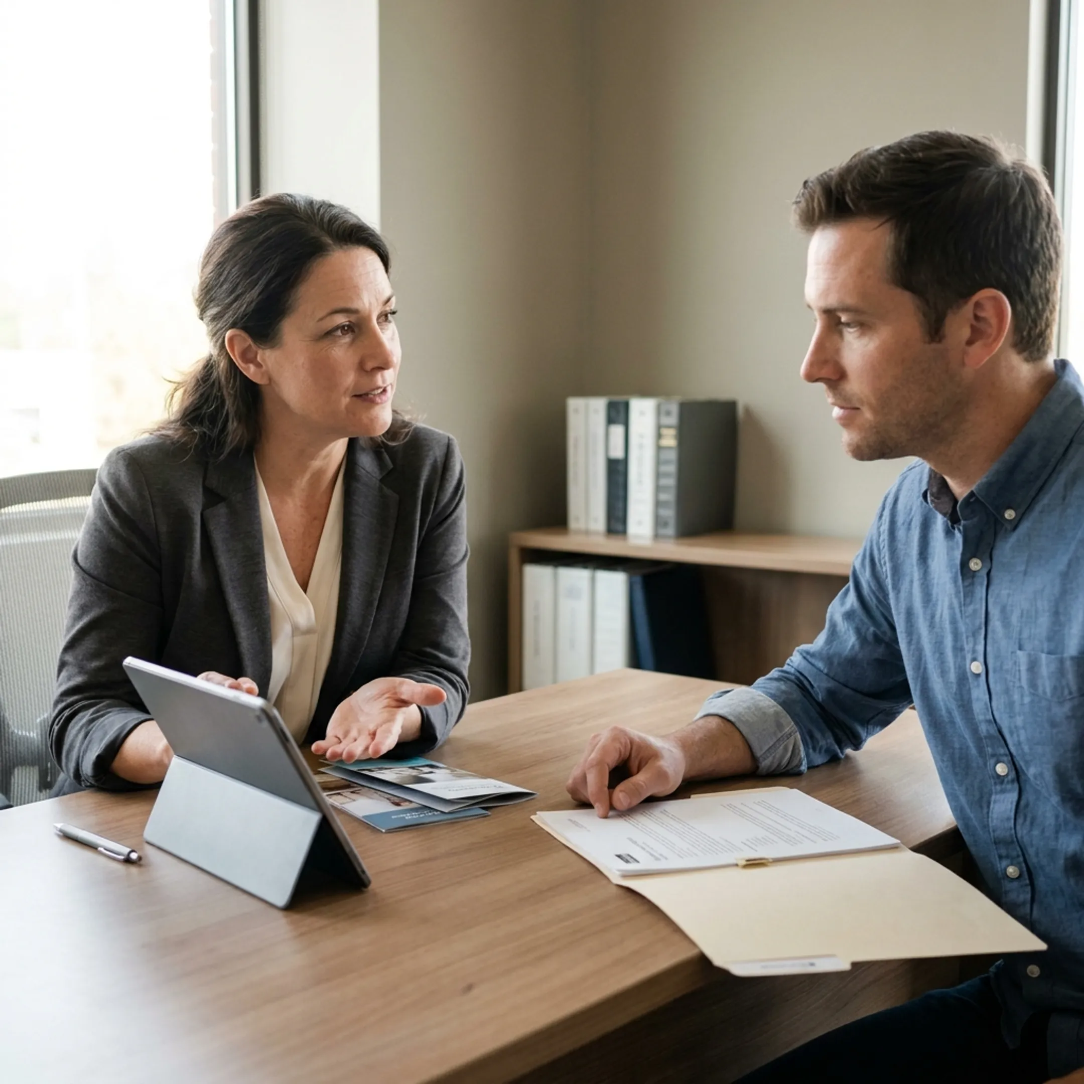 Healthcare professional explaining PPO health plan options to an adult client
