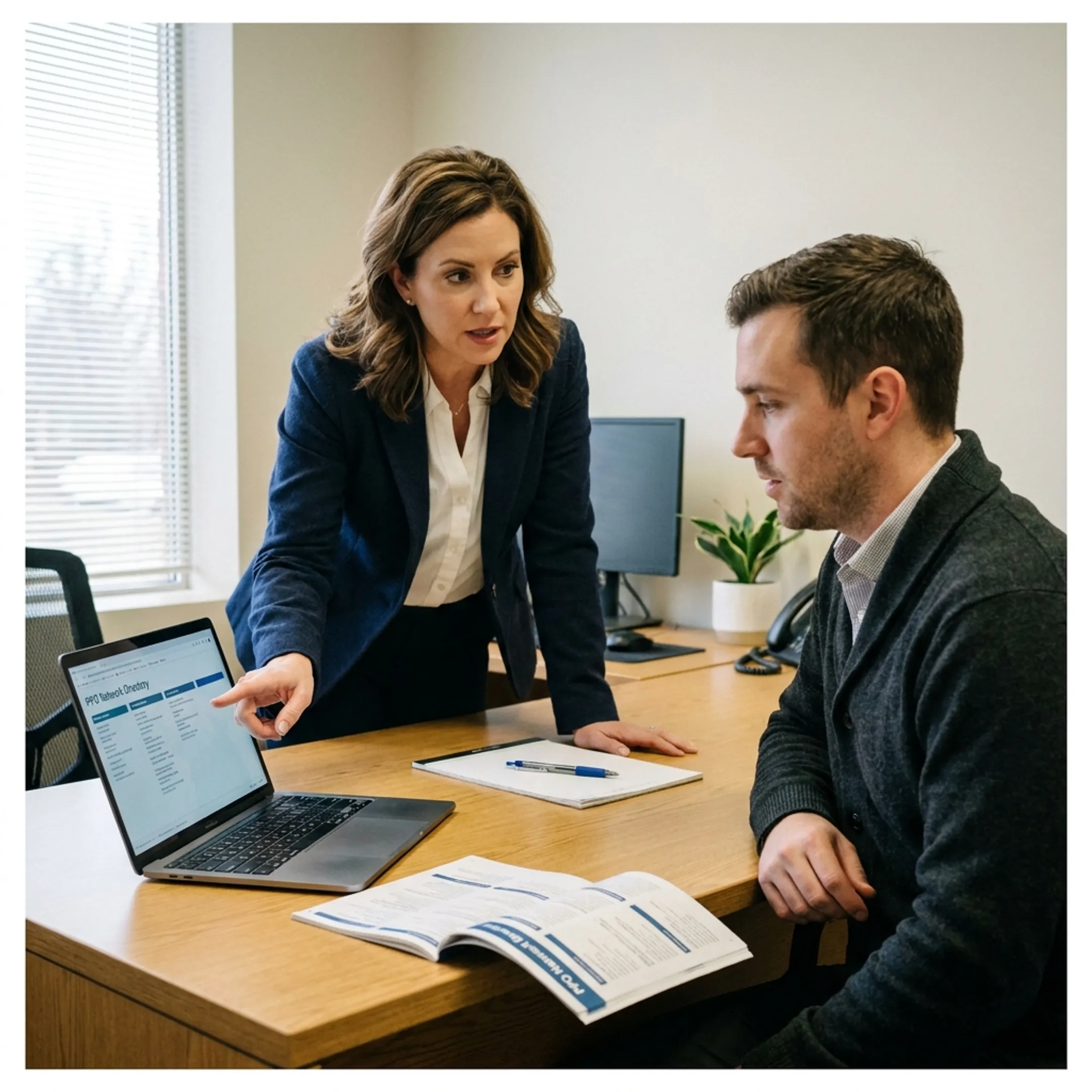 Healthcare professional helping a client review insurance provider network listings