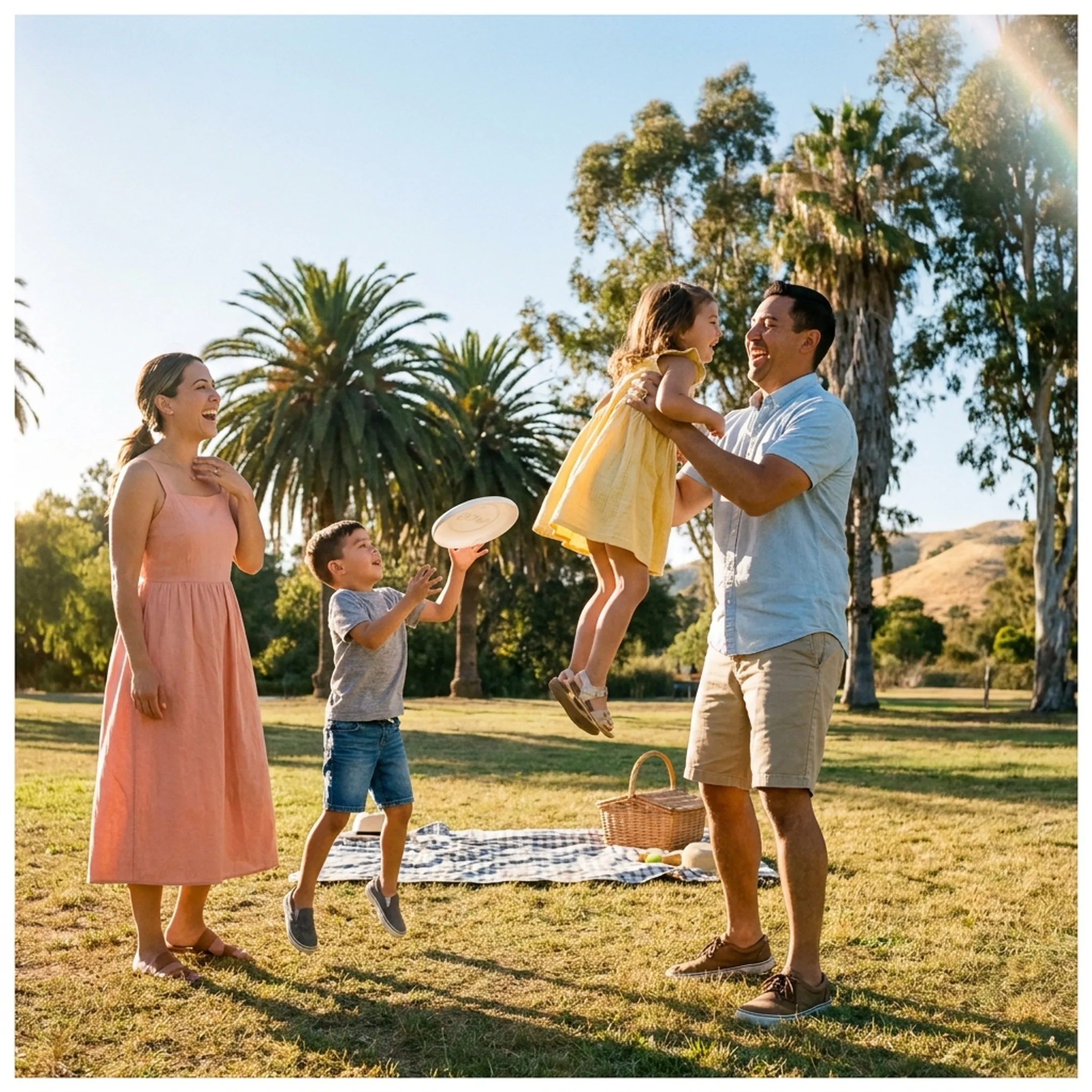 California family smiling outdoors enjoying healthy dental hygiene