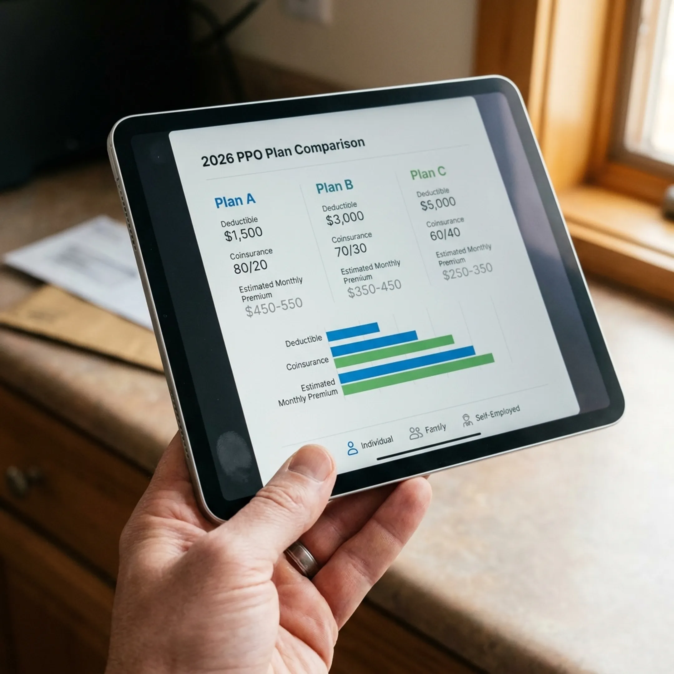 Digital dashboard showing PPO 3000 plan benefit comparison charts