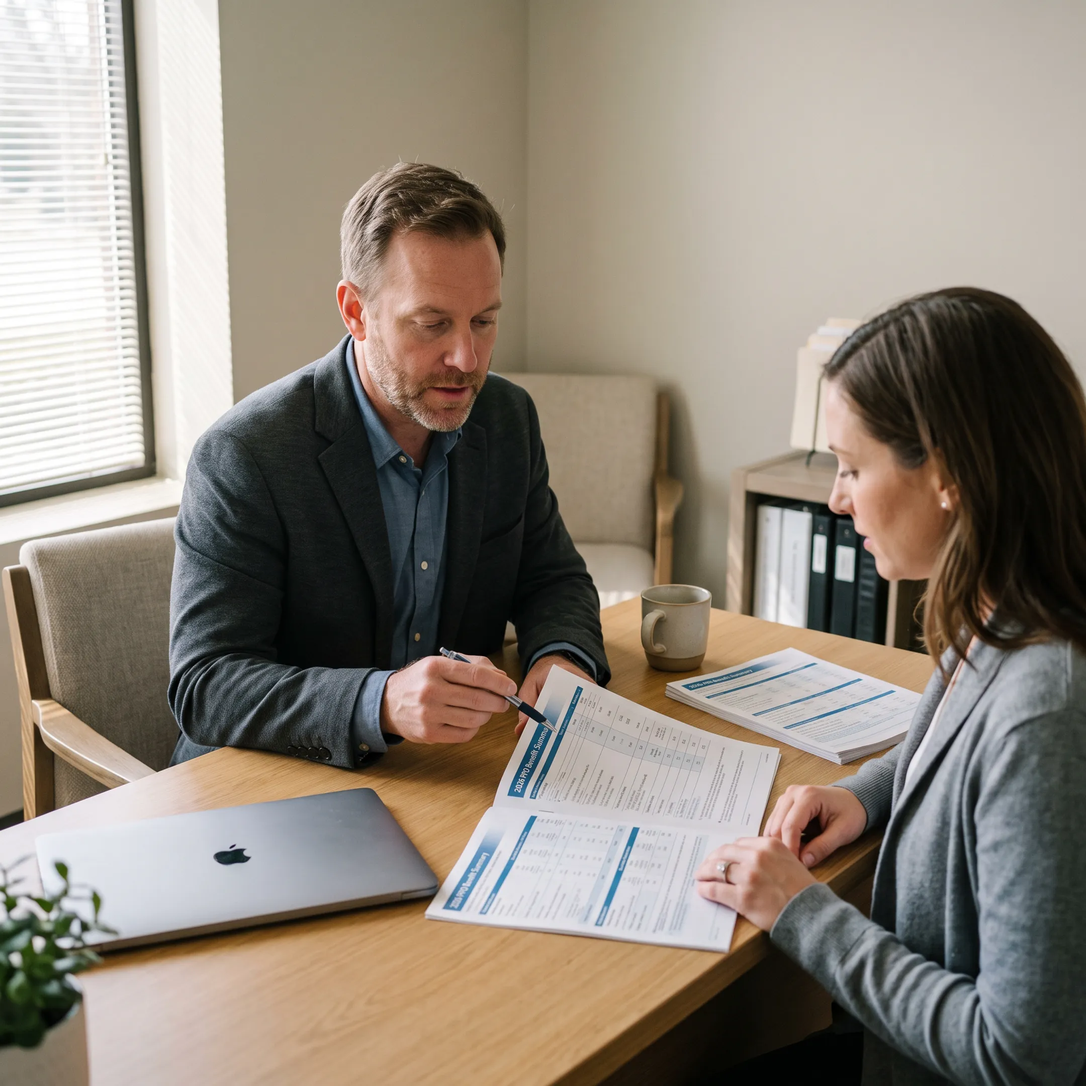 Healthcare advisor reviewing PPO 3000 plan documents with a client