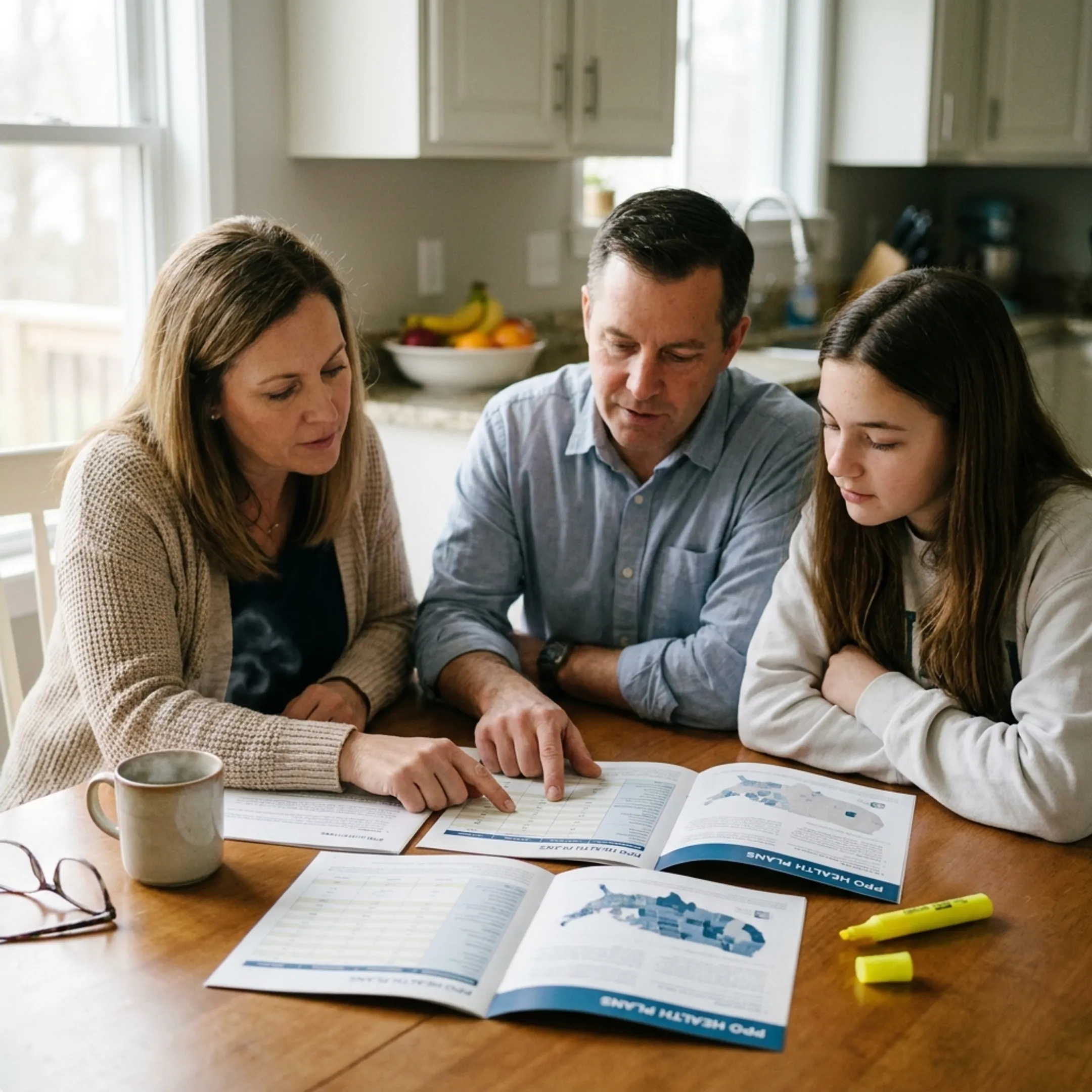 Family reviewing health insurance documents together