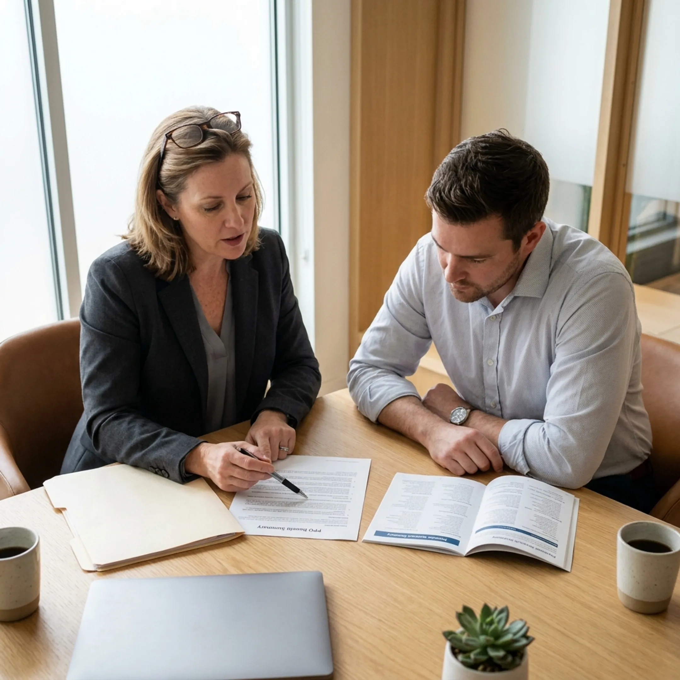 Healthcare consumer reviewing medical coverage choices with an advisor