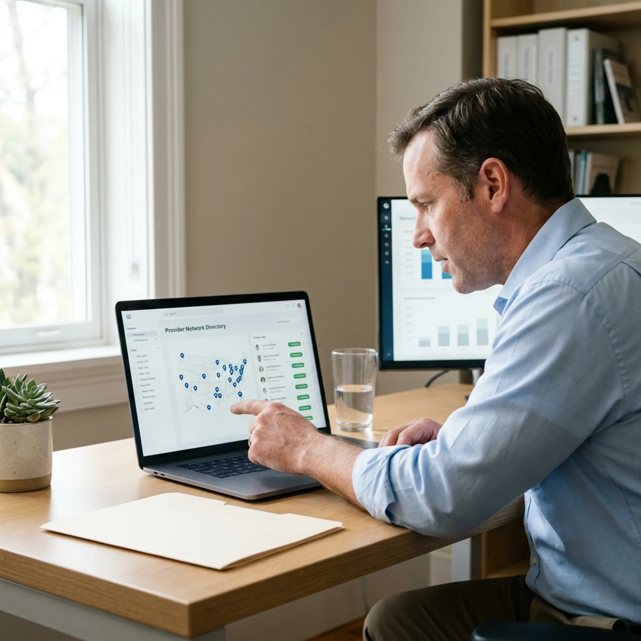 Medical professional examining healthcare network directory on a laptop