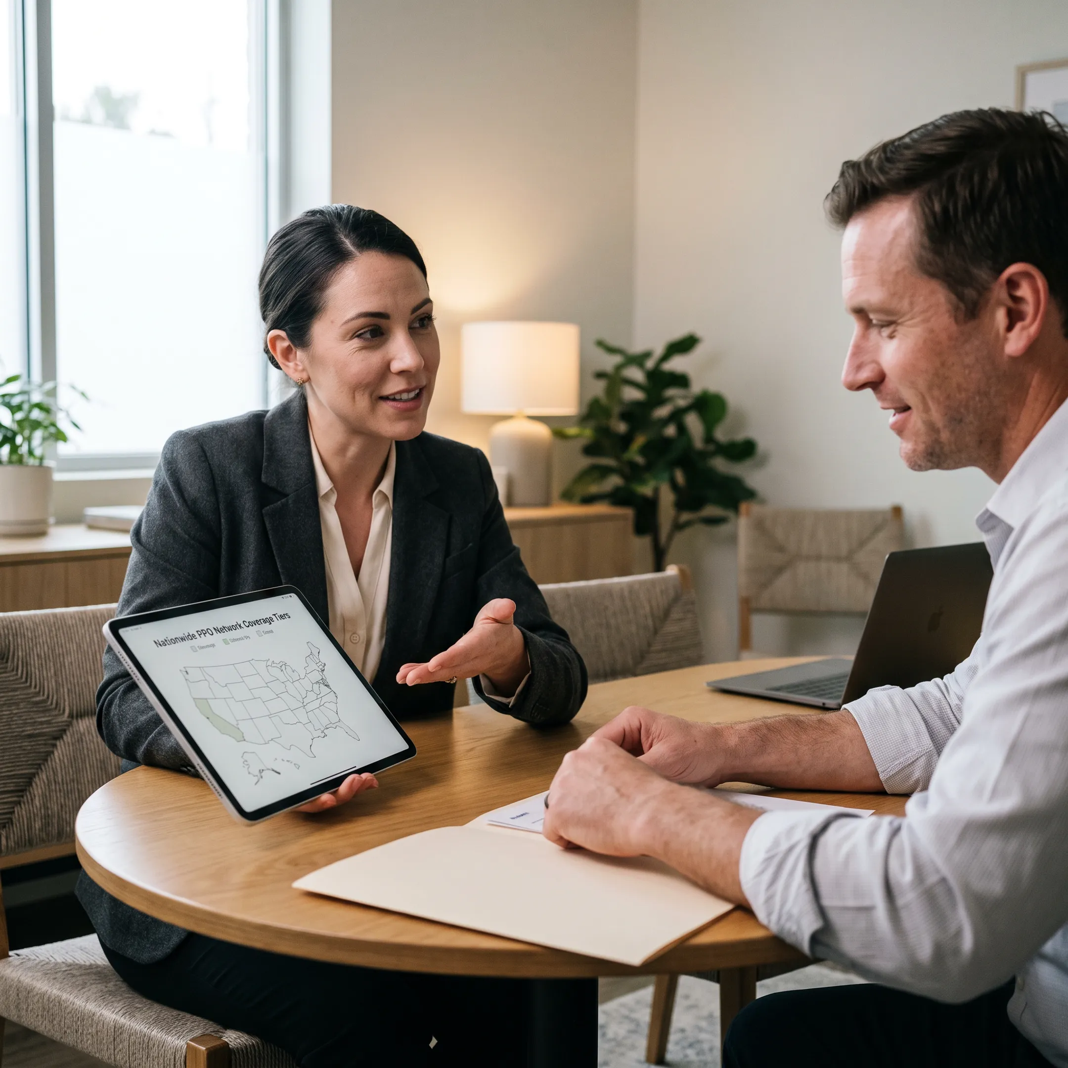 Dental professional discussing implant procedure coverage with a patient in an office