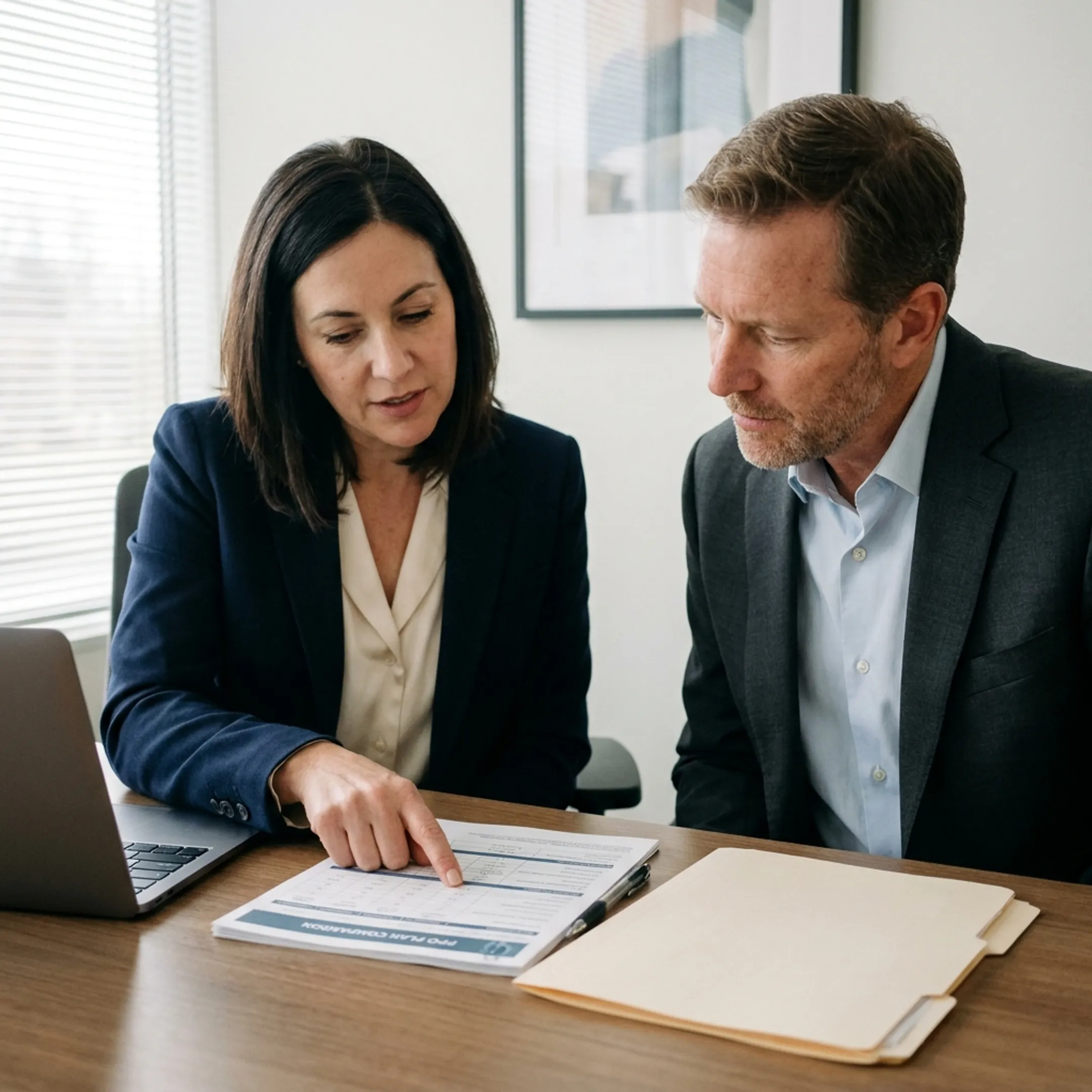 Healthcare advisor helping small business manager review health plan documents