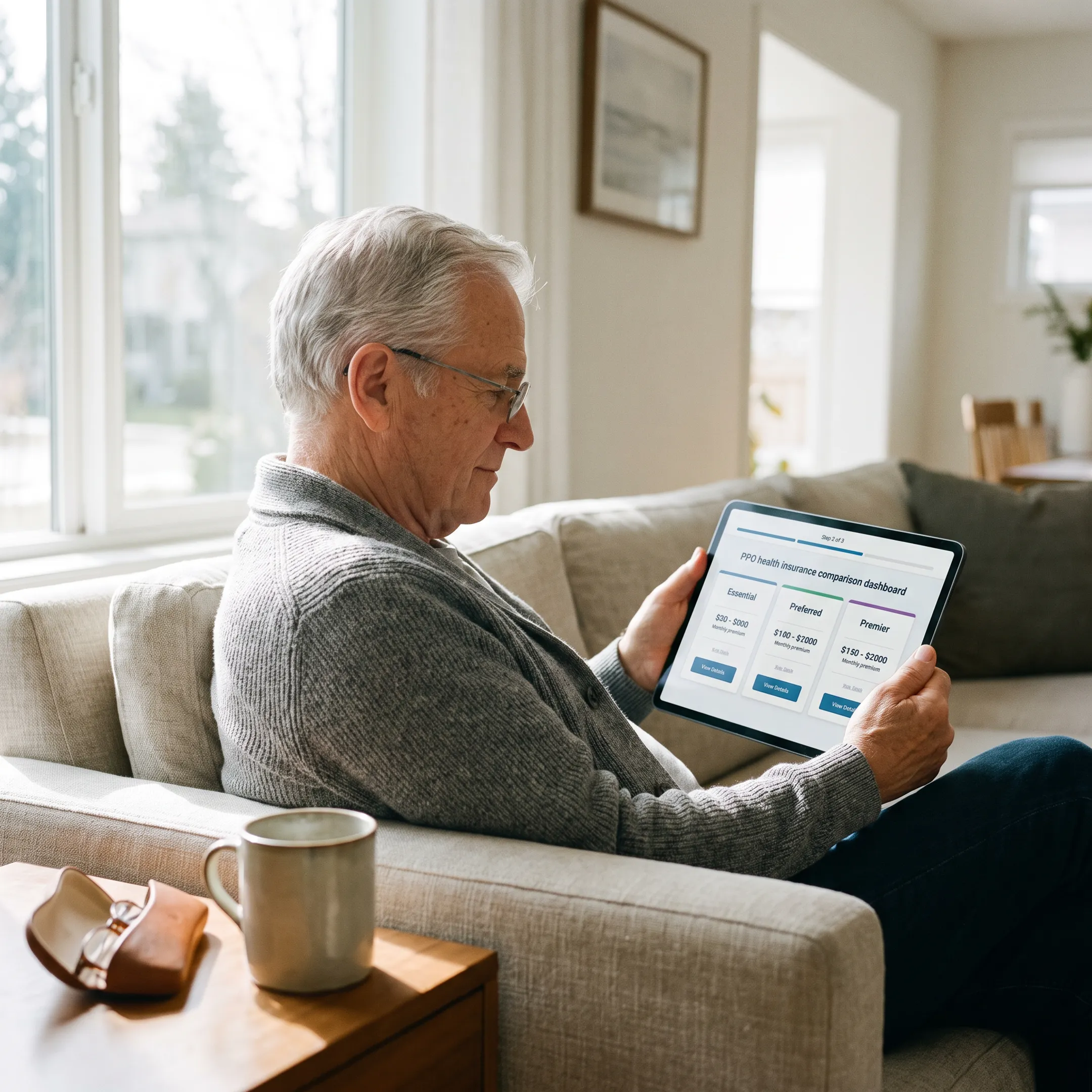 An older adult reviewing Medicare Advantage PPO plan options on a digital tablet at home