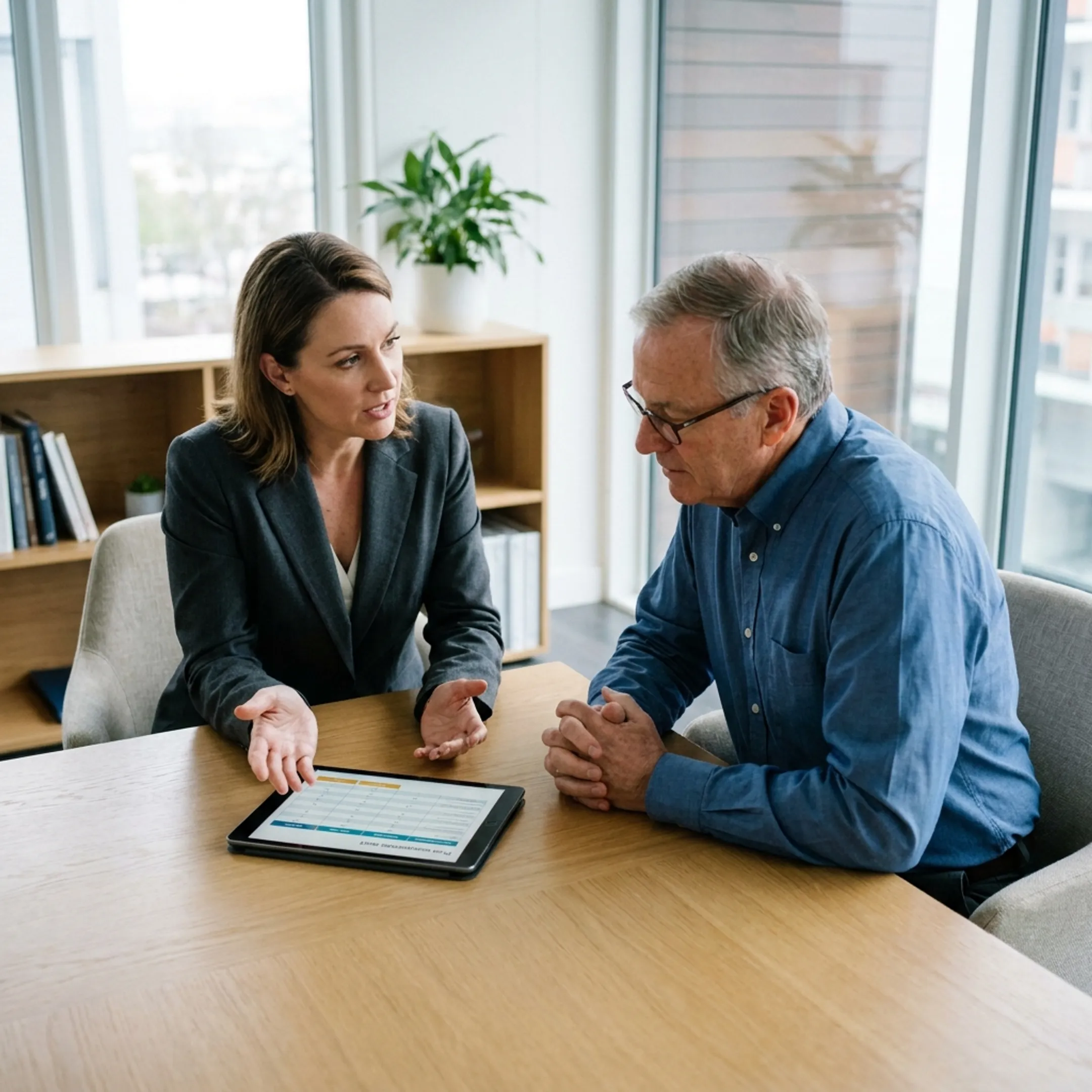 Doctor speaking with mature patient in modern examination room