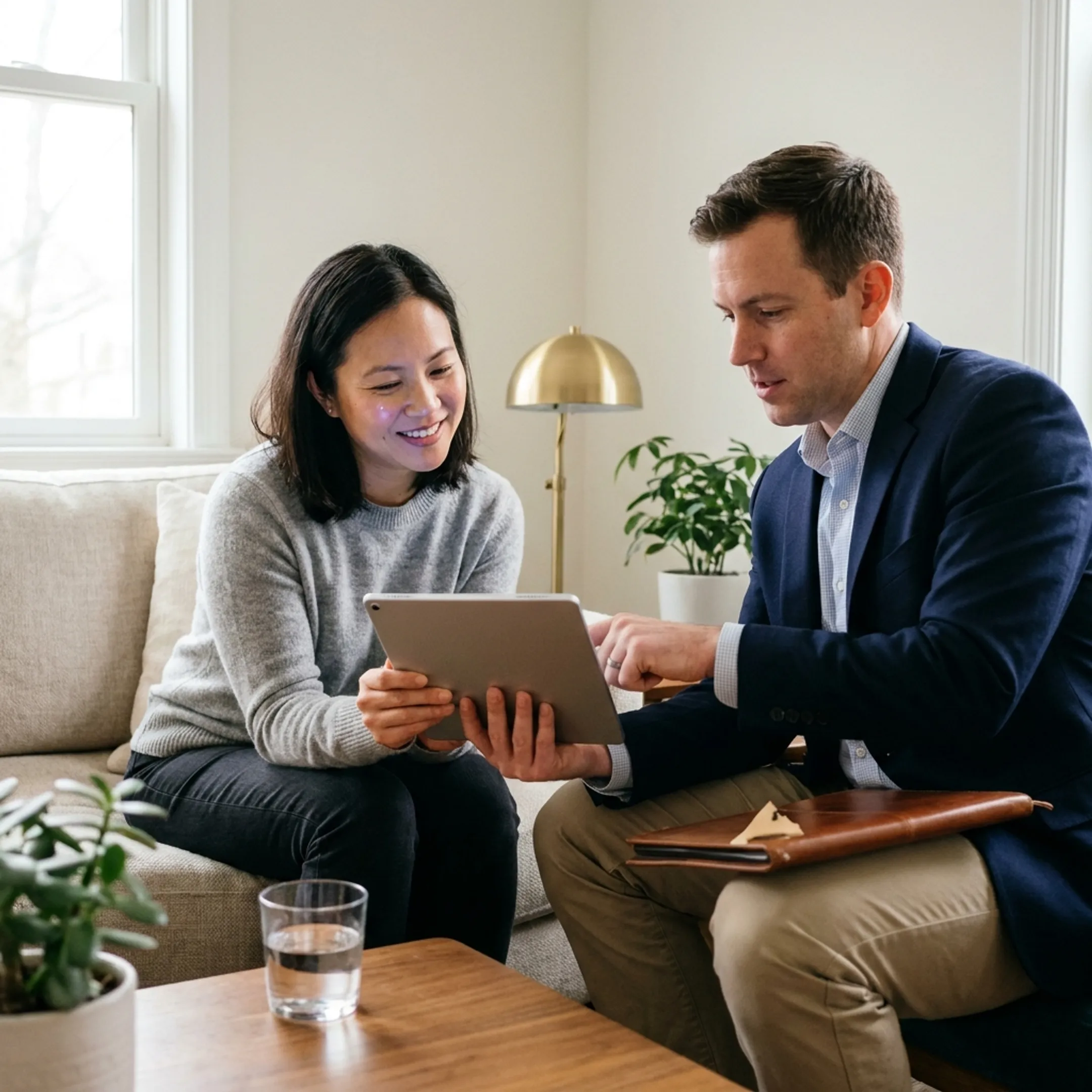 Parent and advisor reviewing pediatric dental insurance plan choices together on a digital tablet.