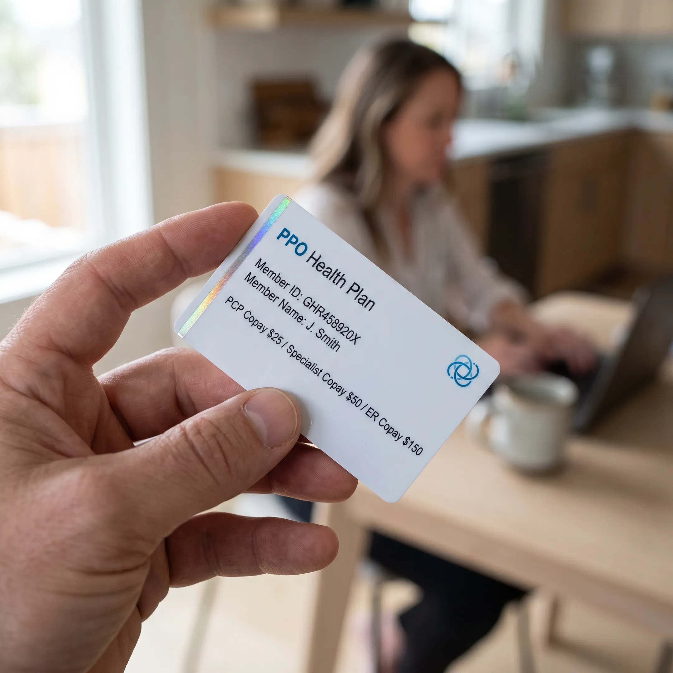 Close-up of a patient holding a PPO health insurance card at a doctor office reception desk