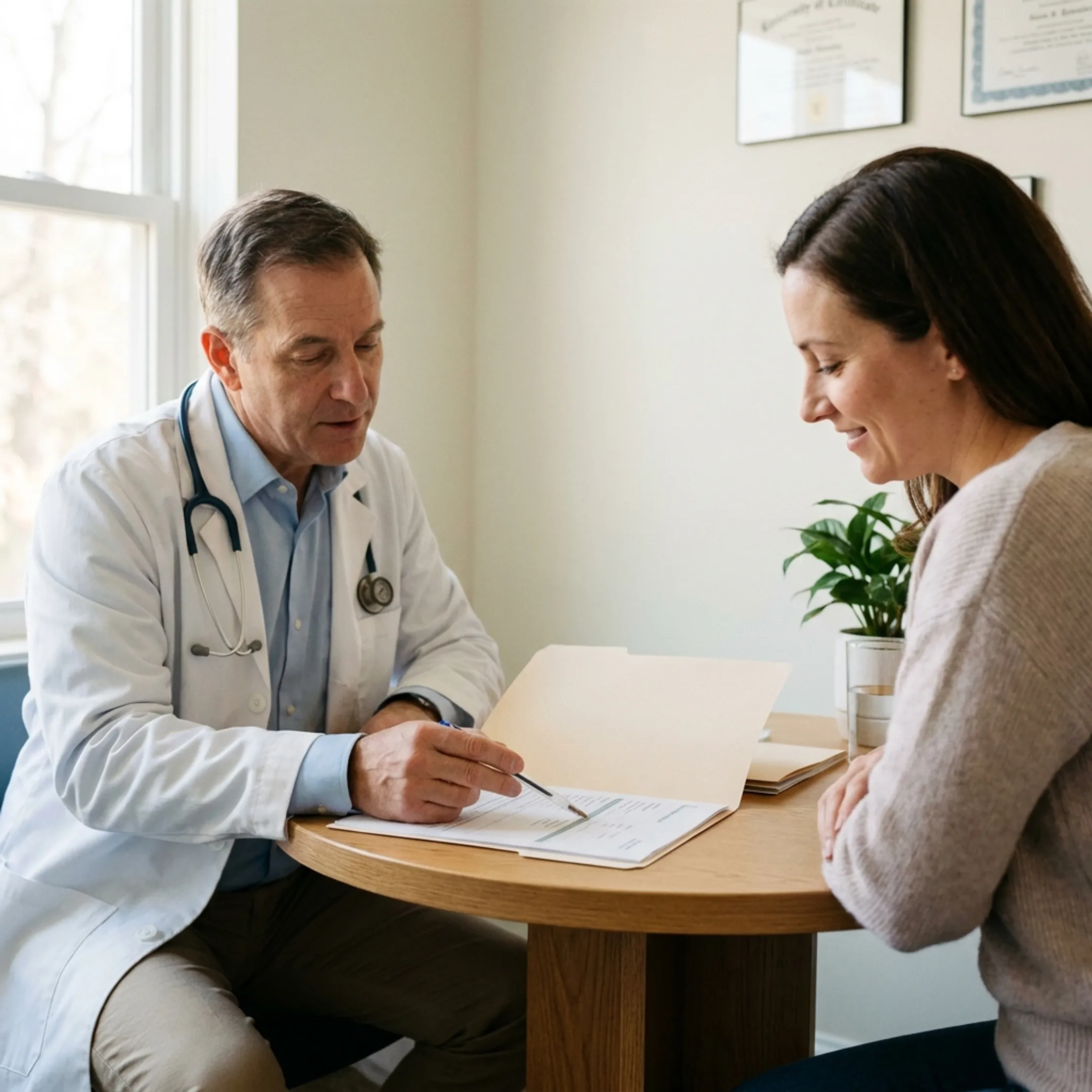 Doctor and patient reviewing in-network coverage details