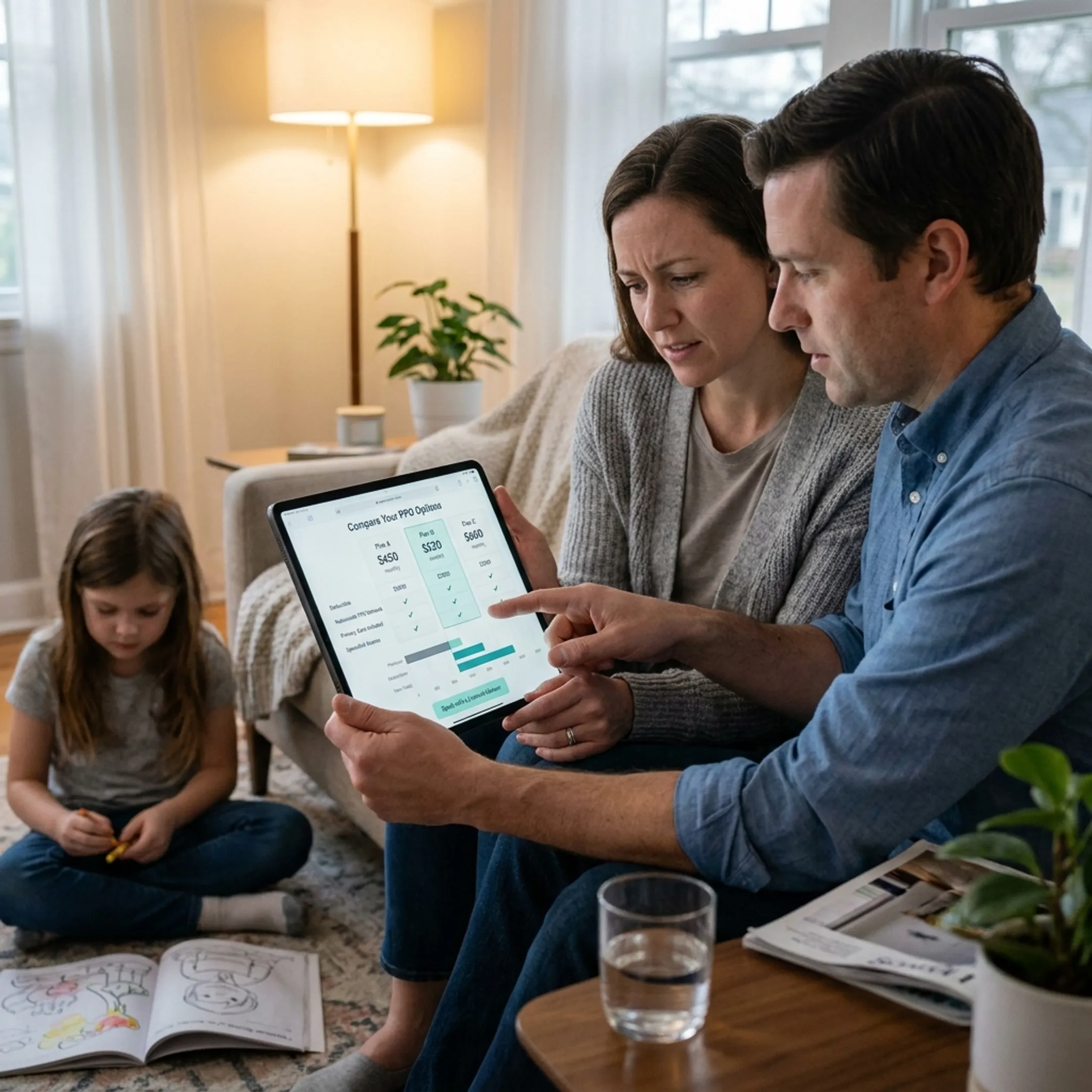 Family reviewing healthcare benefit options and medical coverage documents on a digital tablet.