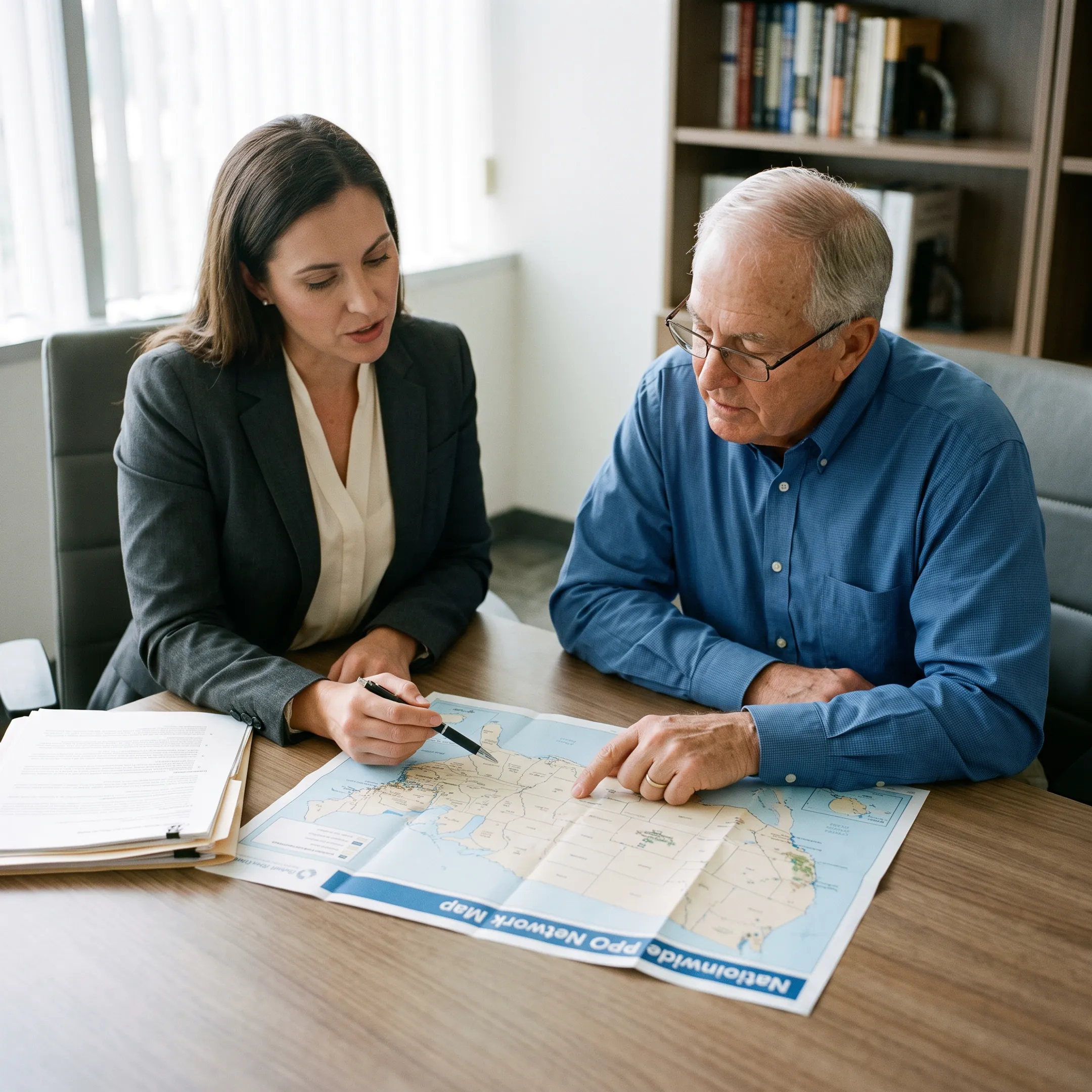 Doctor and patient reviewing nationwide healthcare coverage details together