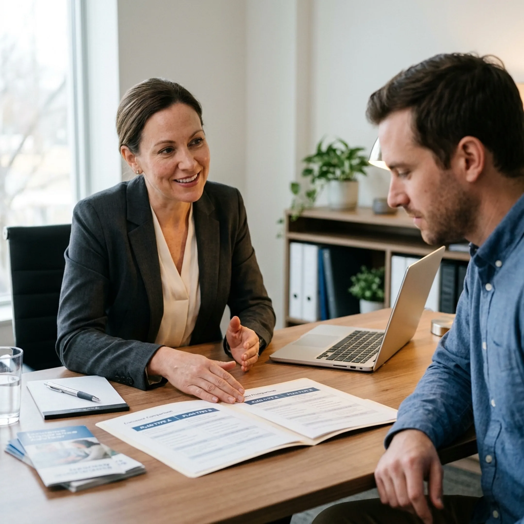 Healthcare professional reviewing insurance policy options with a client