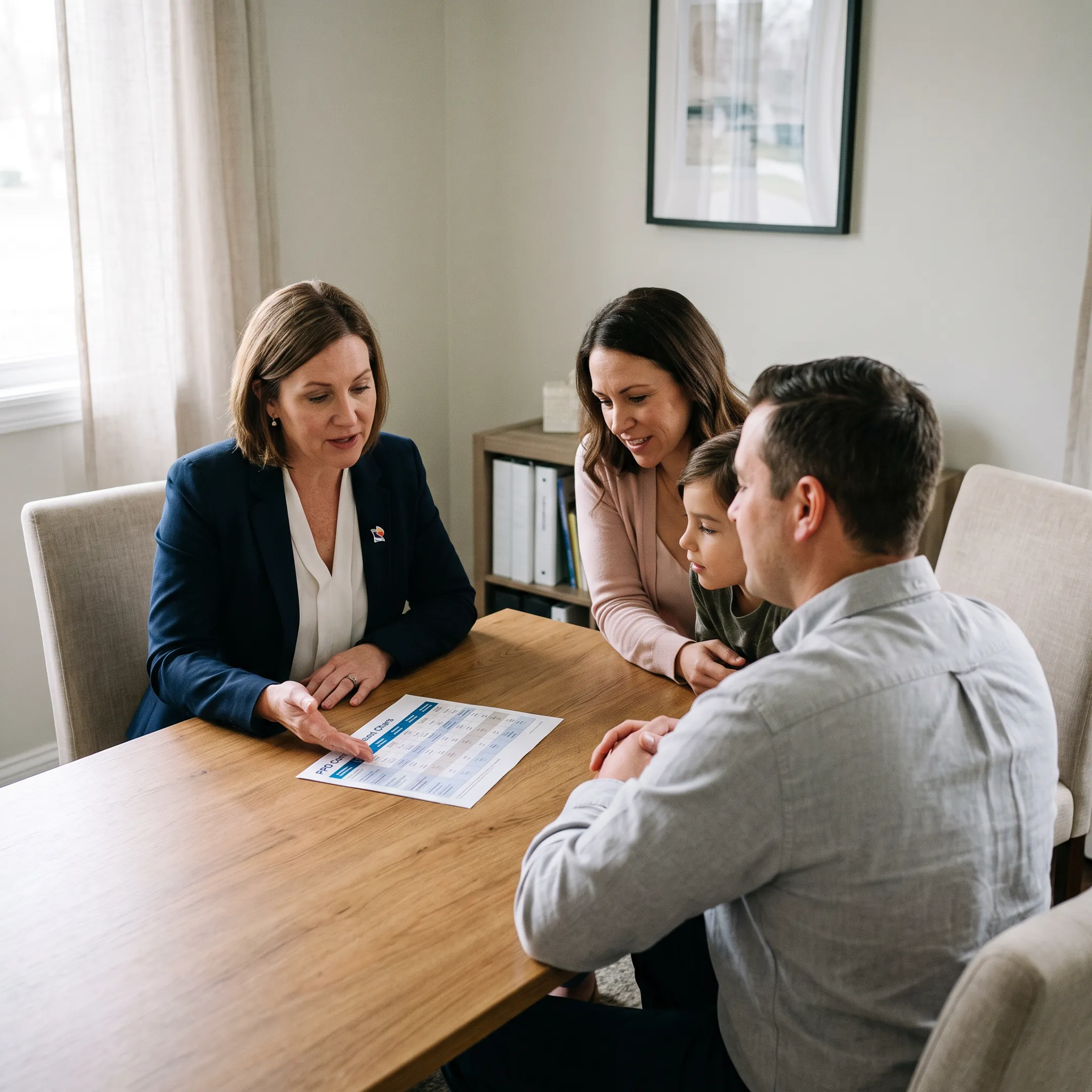 Health insurance advisor consulting with clients in an office setting