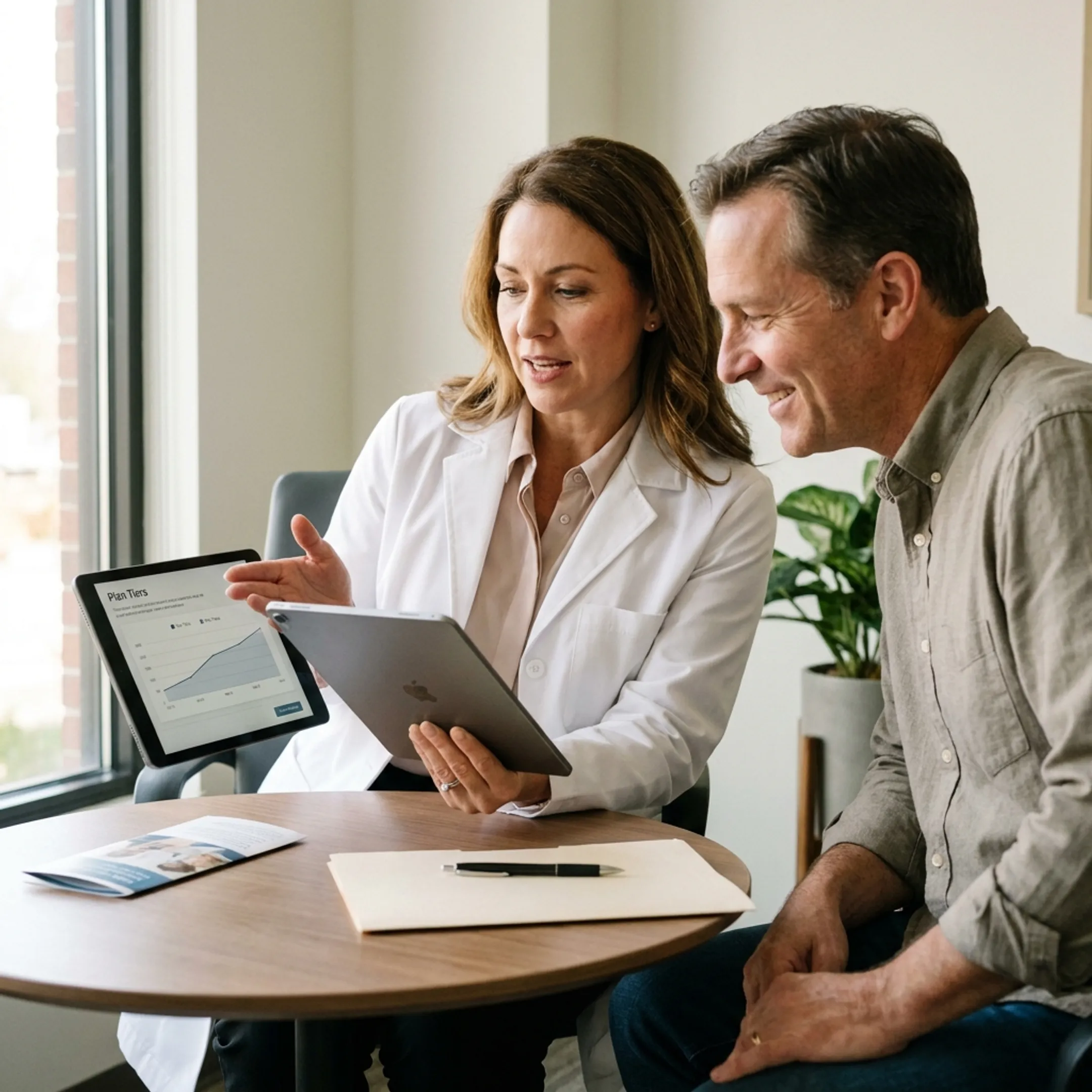 Healthcare professional discussing medical insurance coverage benefits with patient