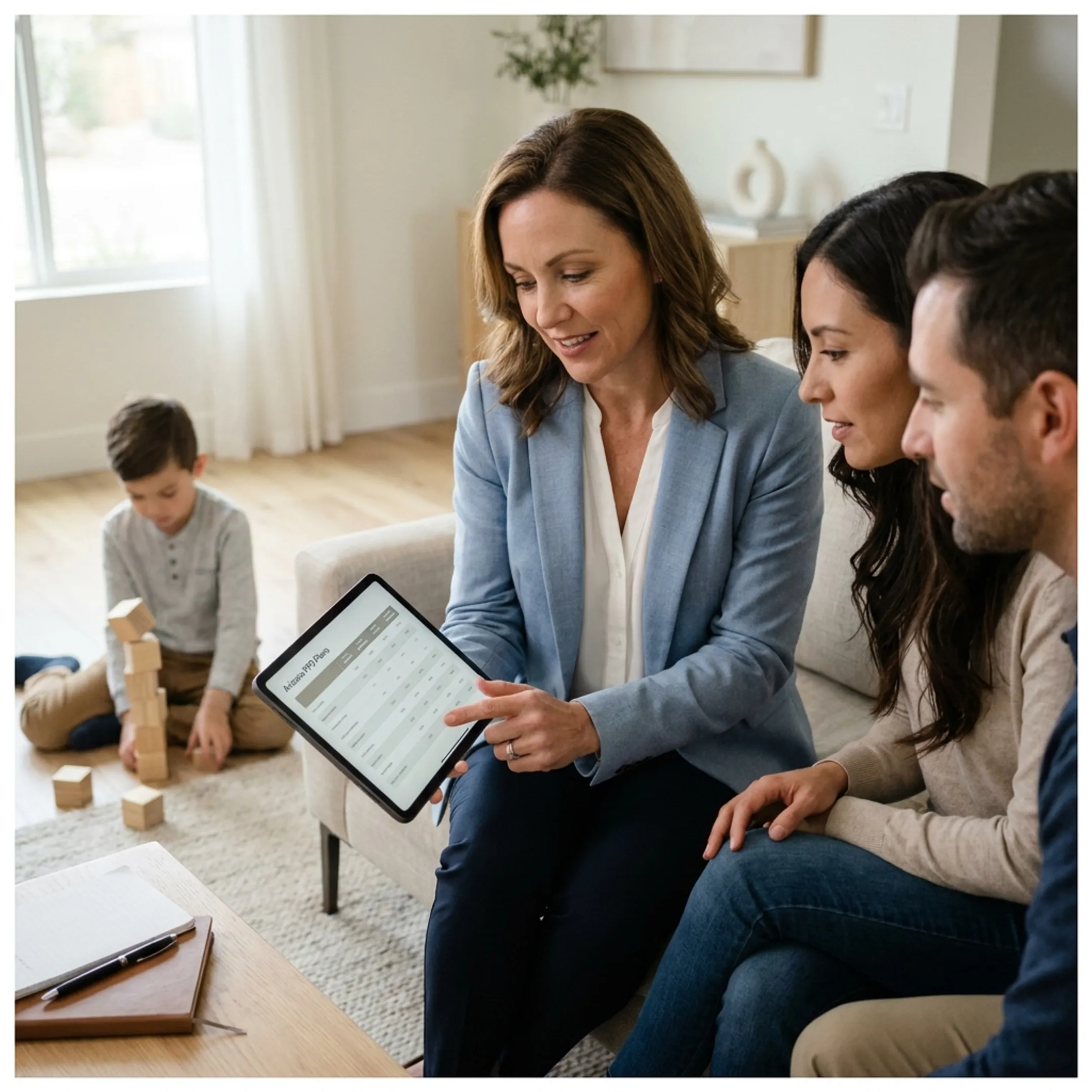 Arizona healthcare insurance advisor consulting a family about PPO coverage options.