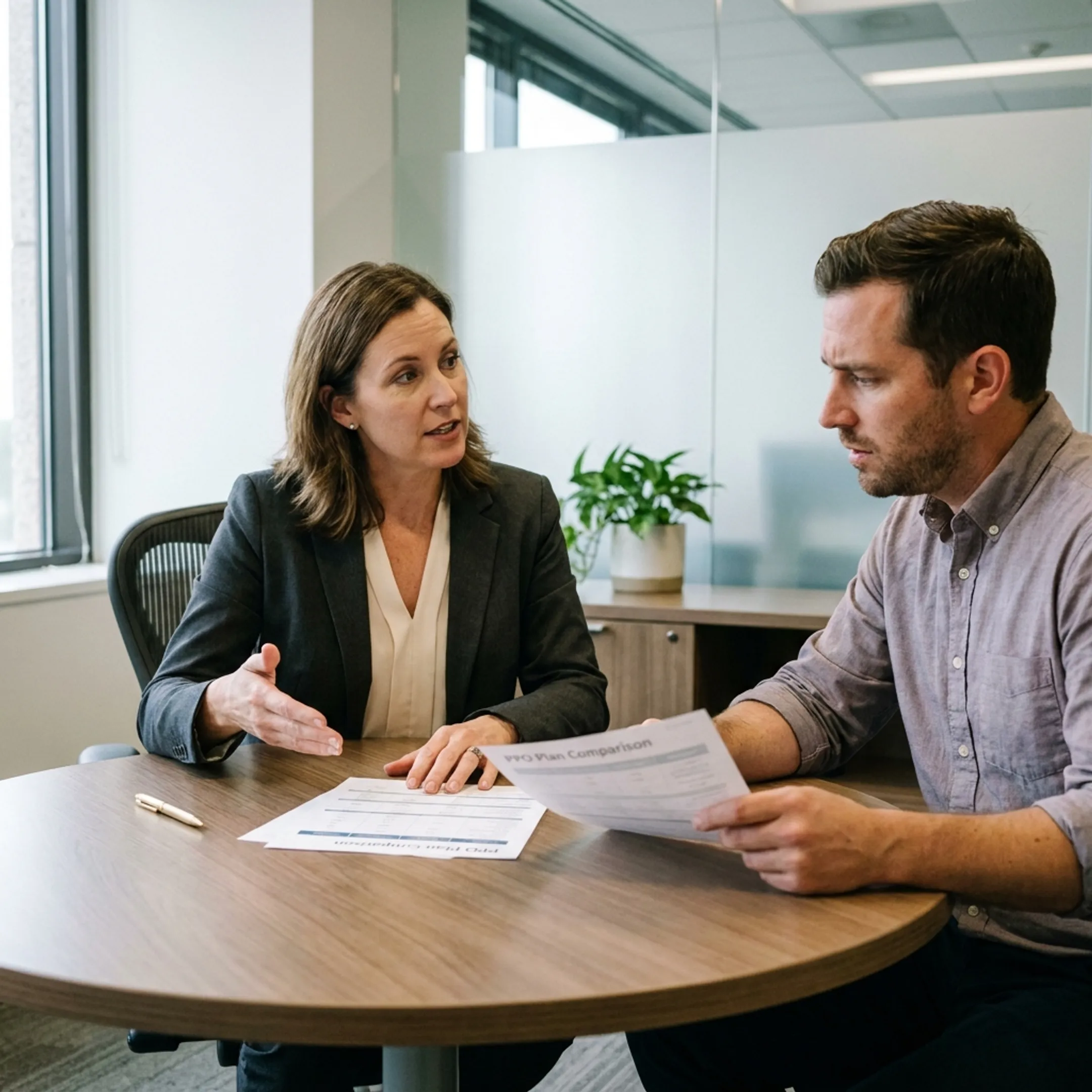 A healthcare advisor discussing individual health insurance options with a client.