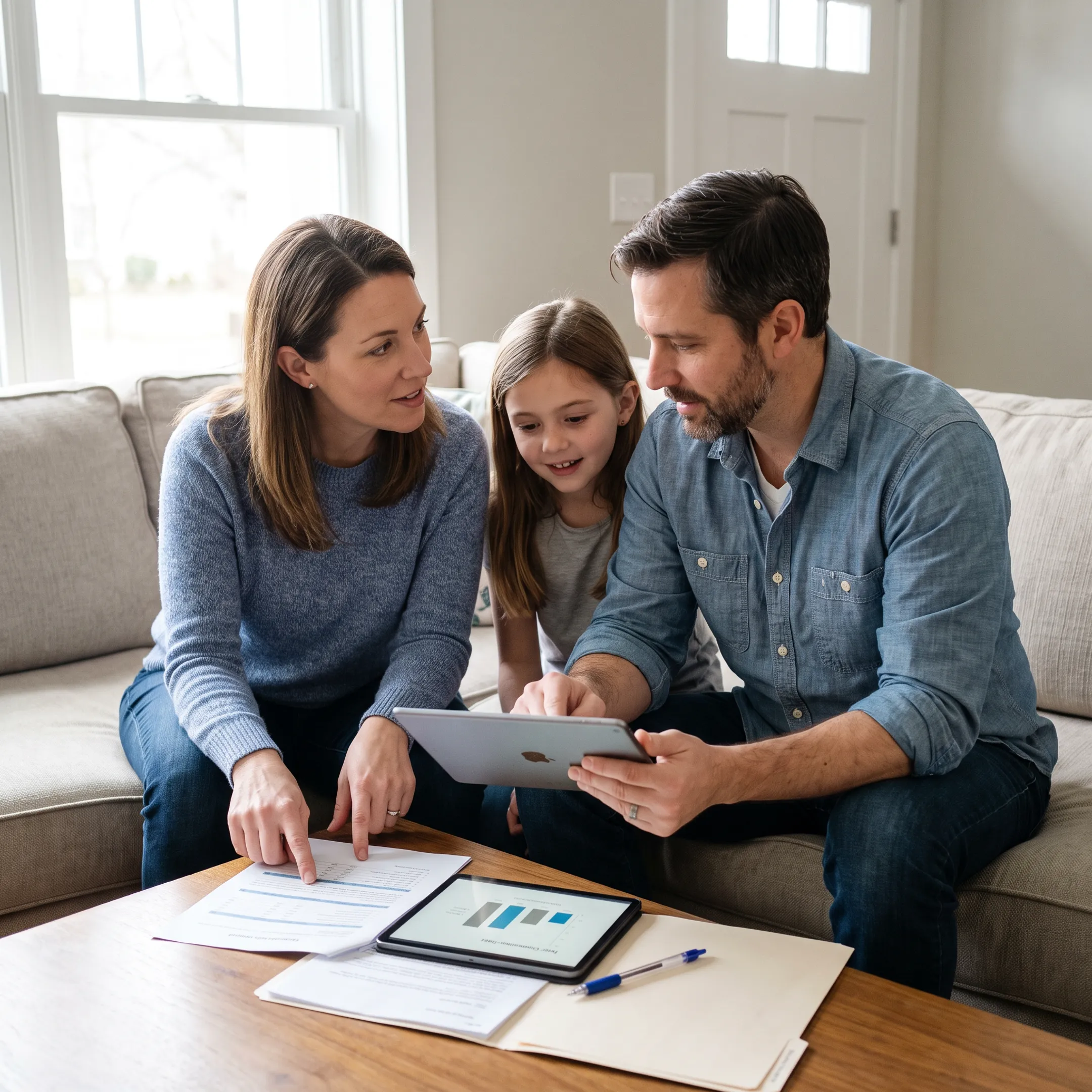 A family in Kentucky reviewing healthcare coverage options together on a tablet.