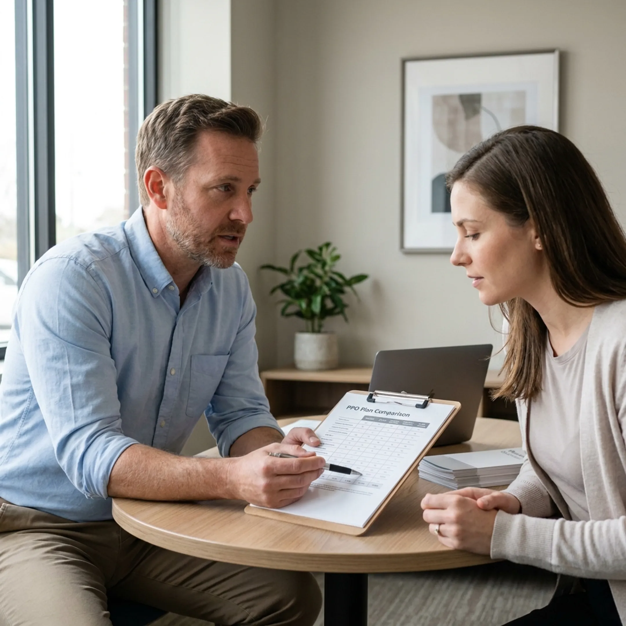 Doctor discussing medical health insurance benefits with a patient in an office