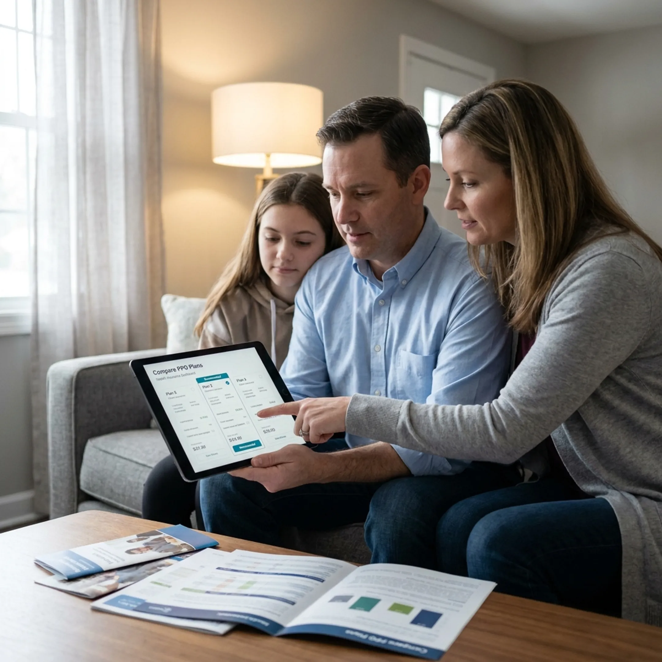 Family discussing health coverage options comfortably in a living room.