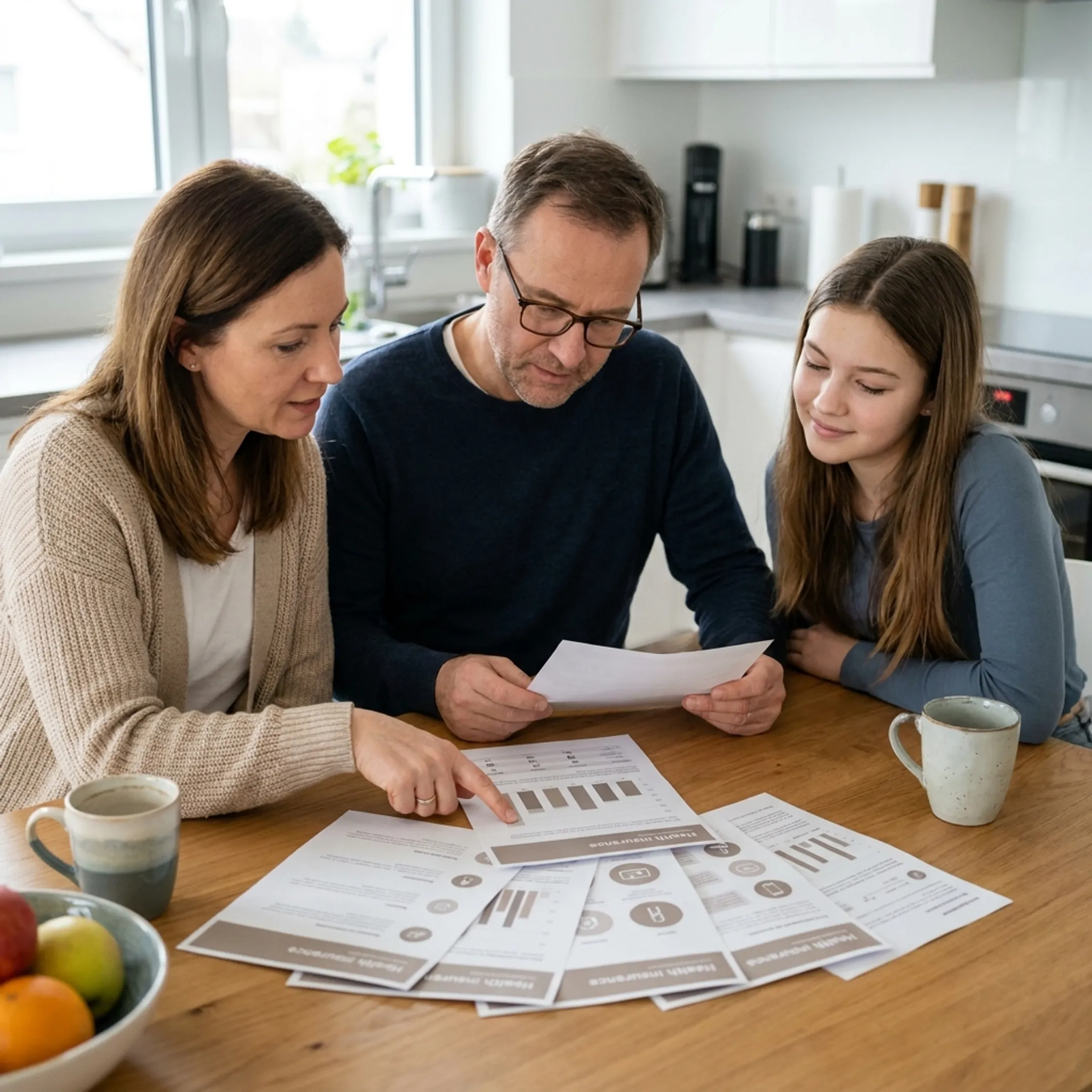 Family reviewing healthcare benefit summaries and private health insurance options