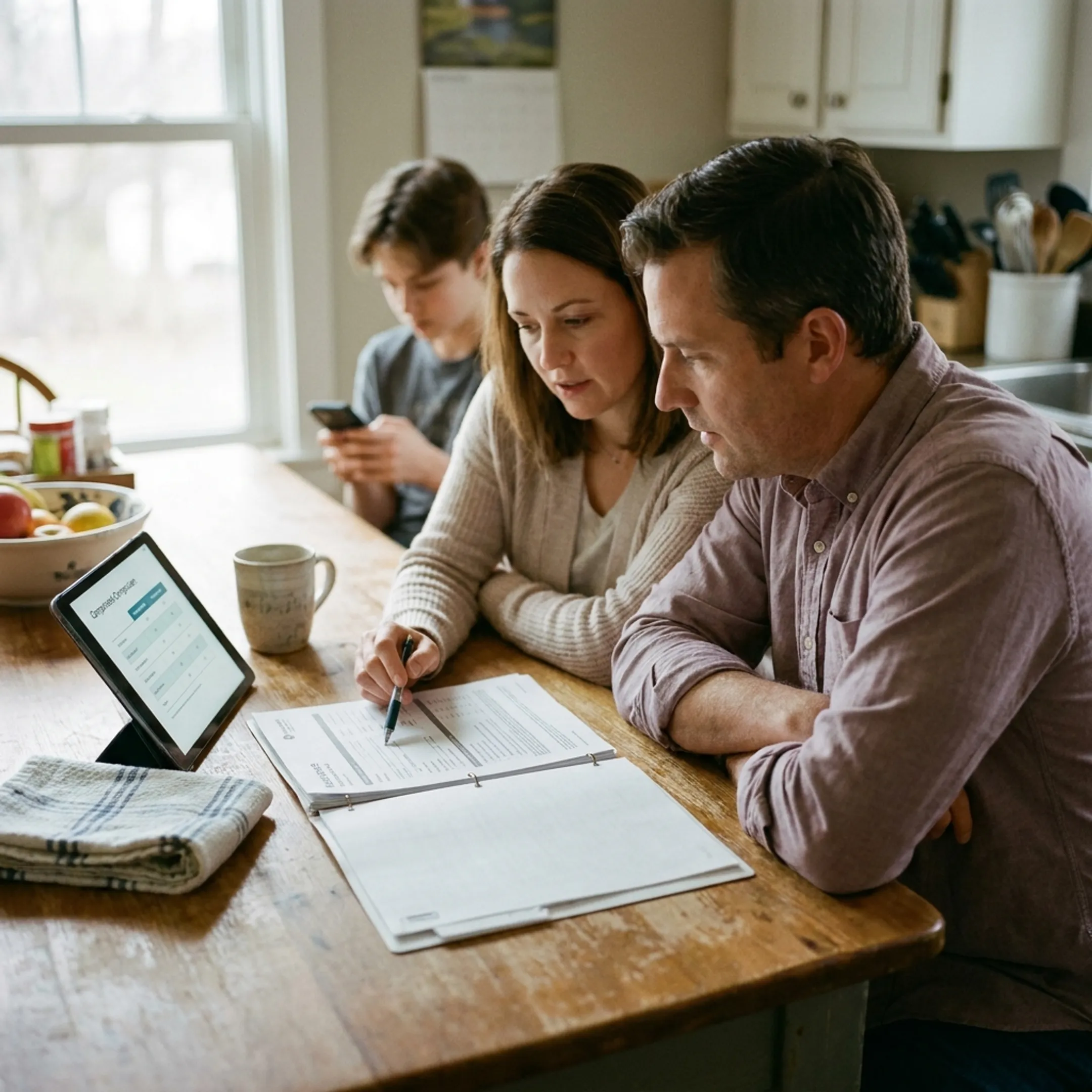 Family reviewing health insurance documents and private PPO plan options together