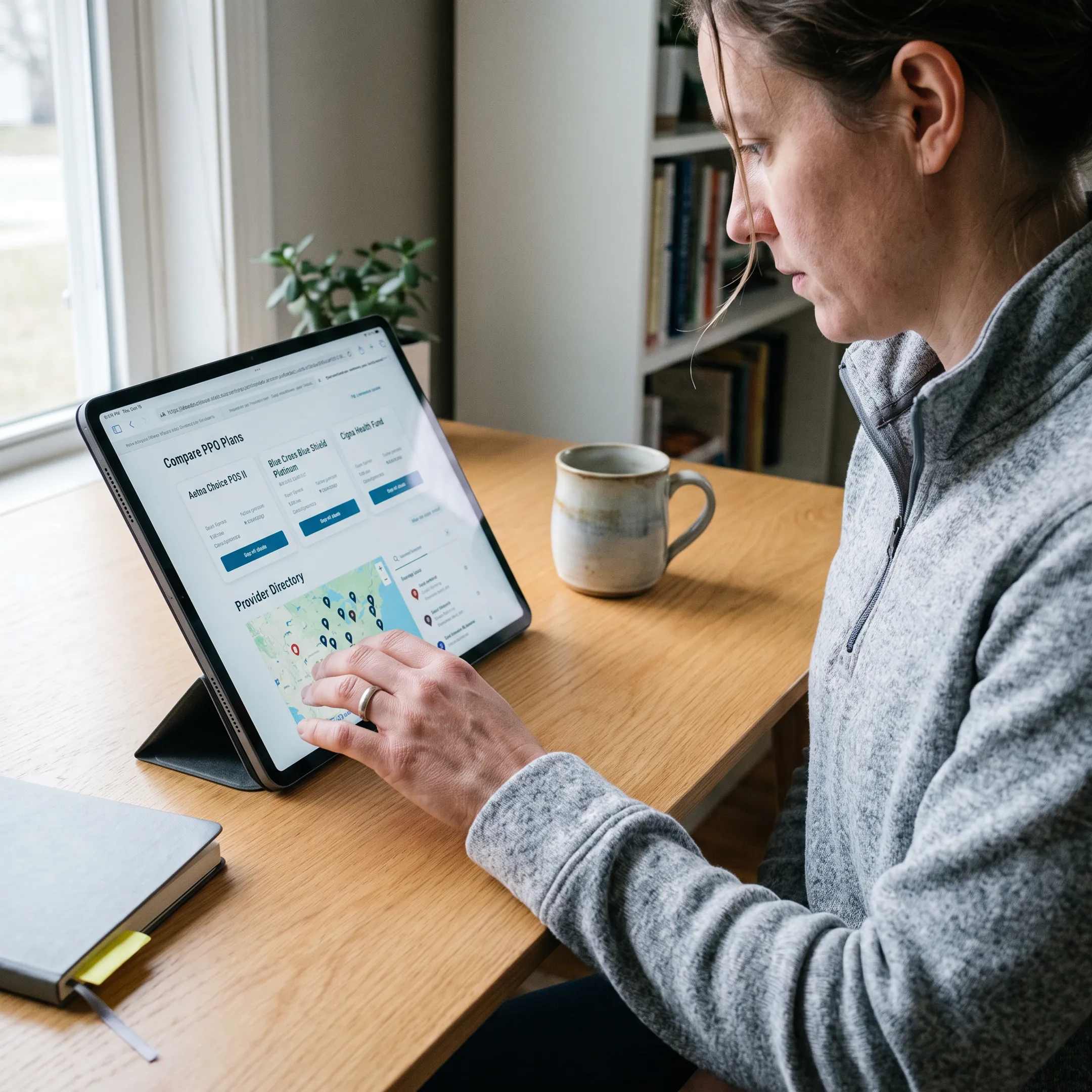 Healthcare consumer reviewing private insurance coverage options on a tablet.