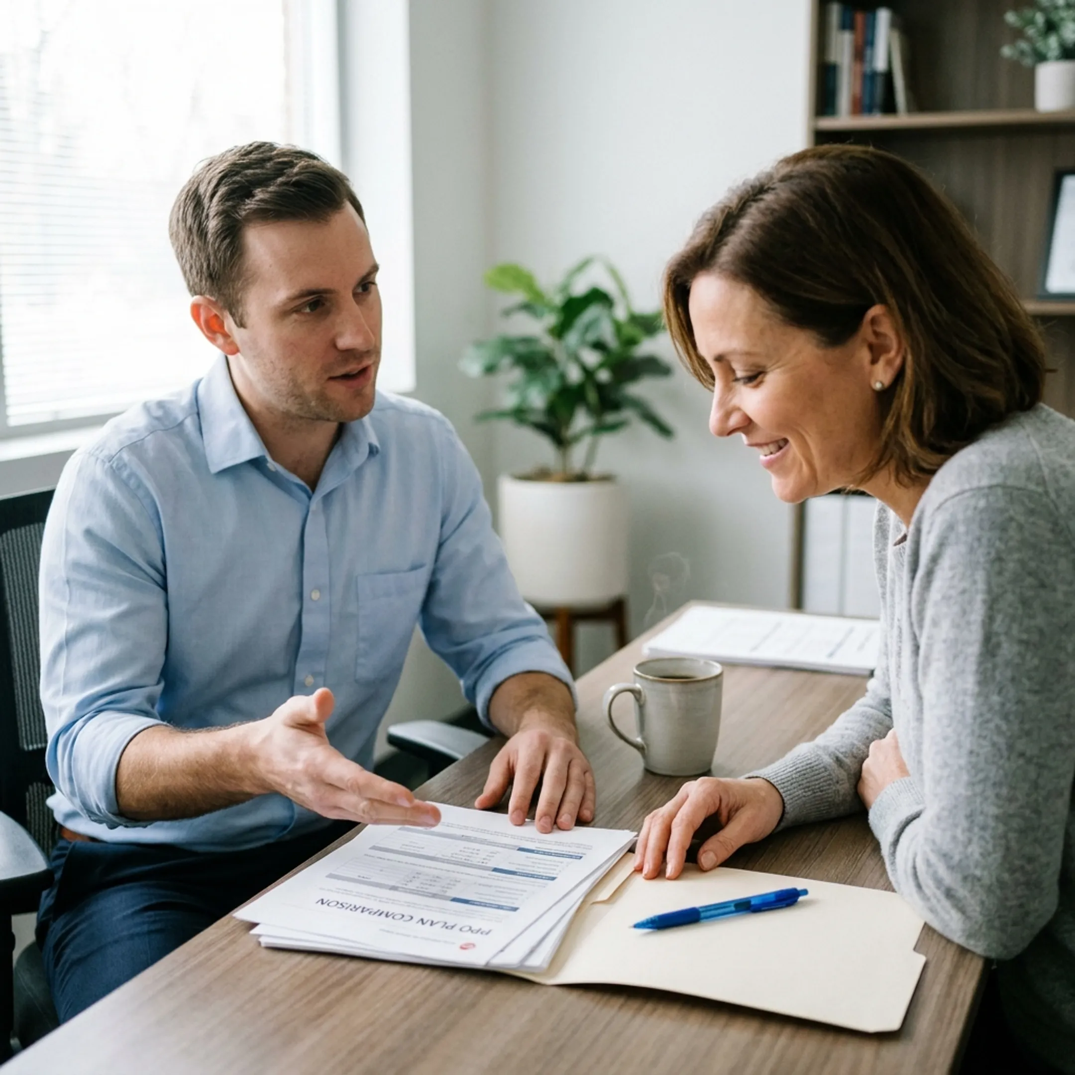 An advisor reviewing private health insurance options with an Arkansas client