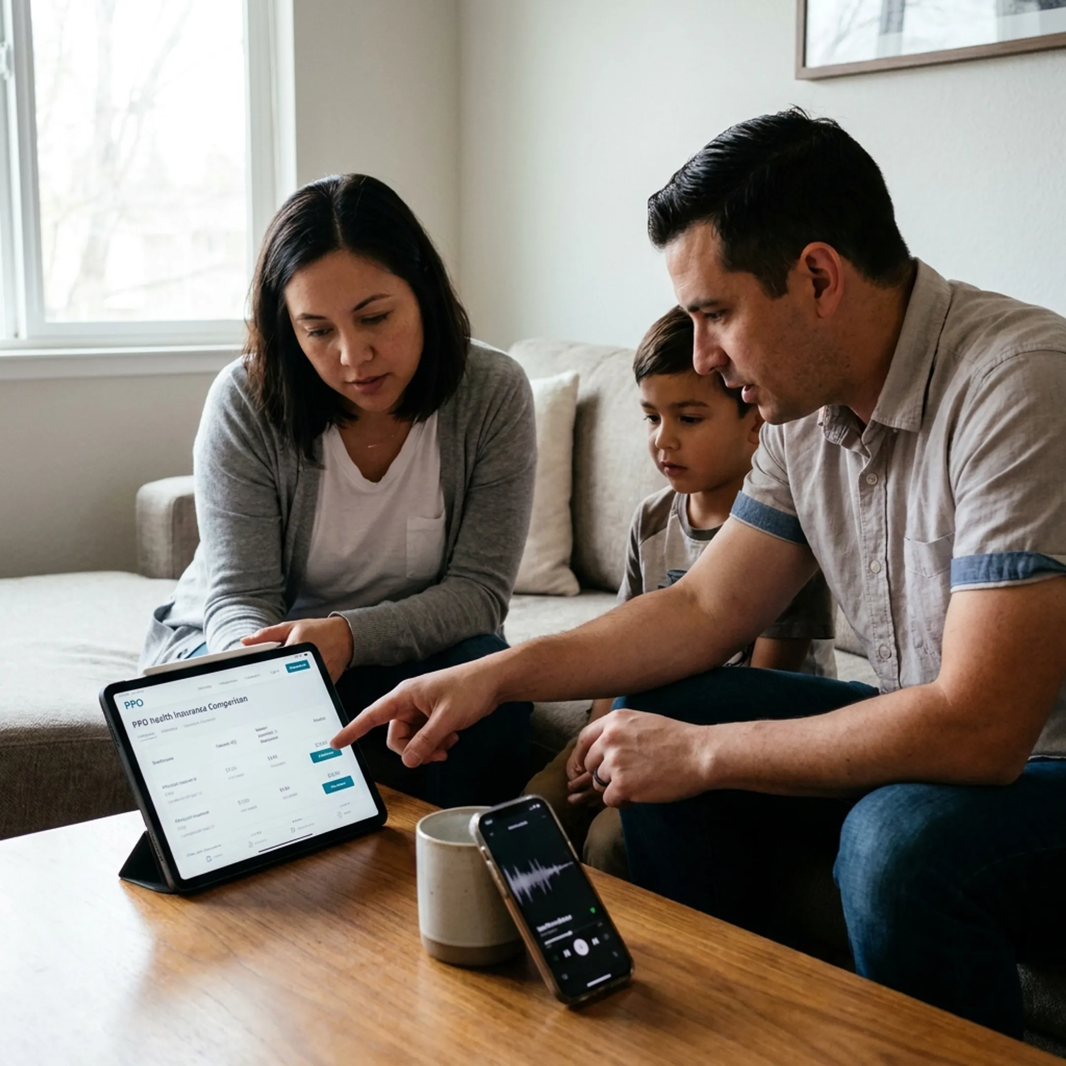 Family reviewing healthcare plan choices on a digital tablet