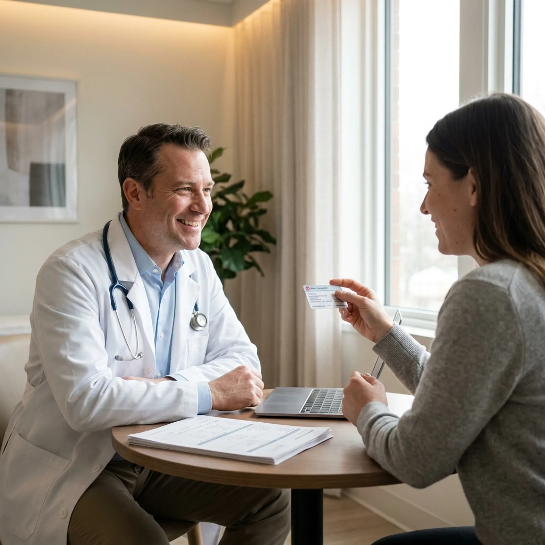 Healthcare professional consulting with patient about coverage