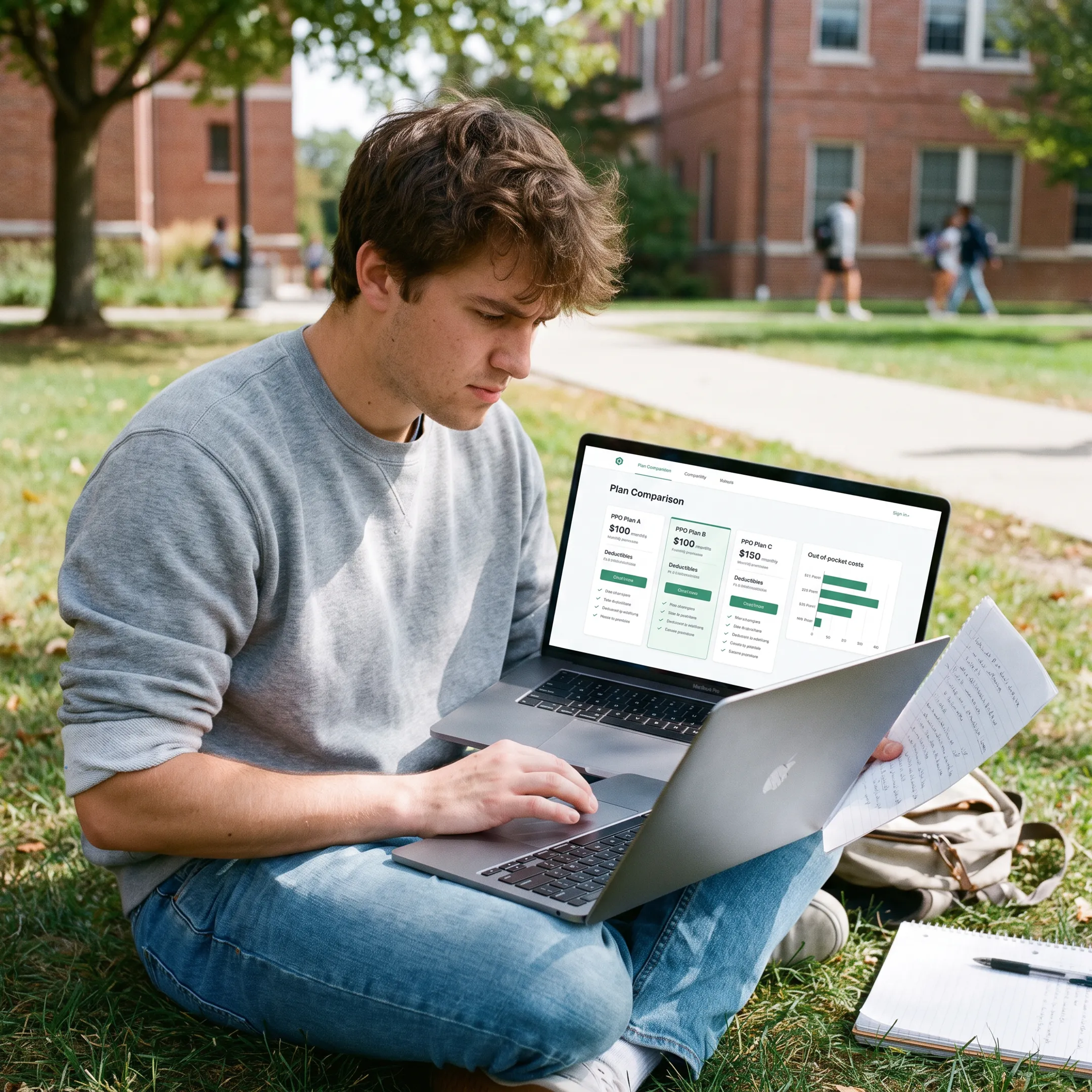 A college student sitting on campus reviewing healthcare plan options on a laptop