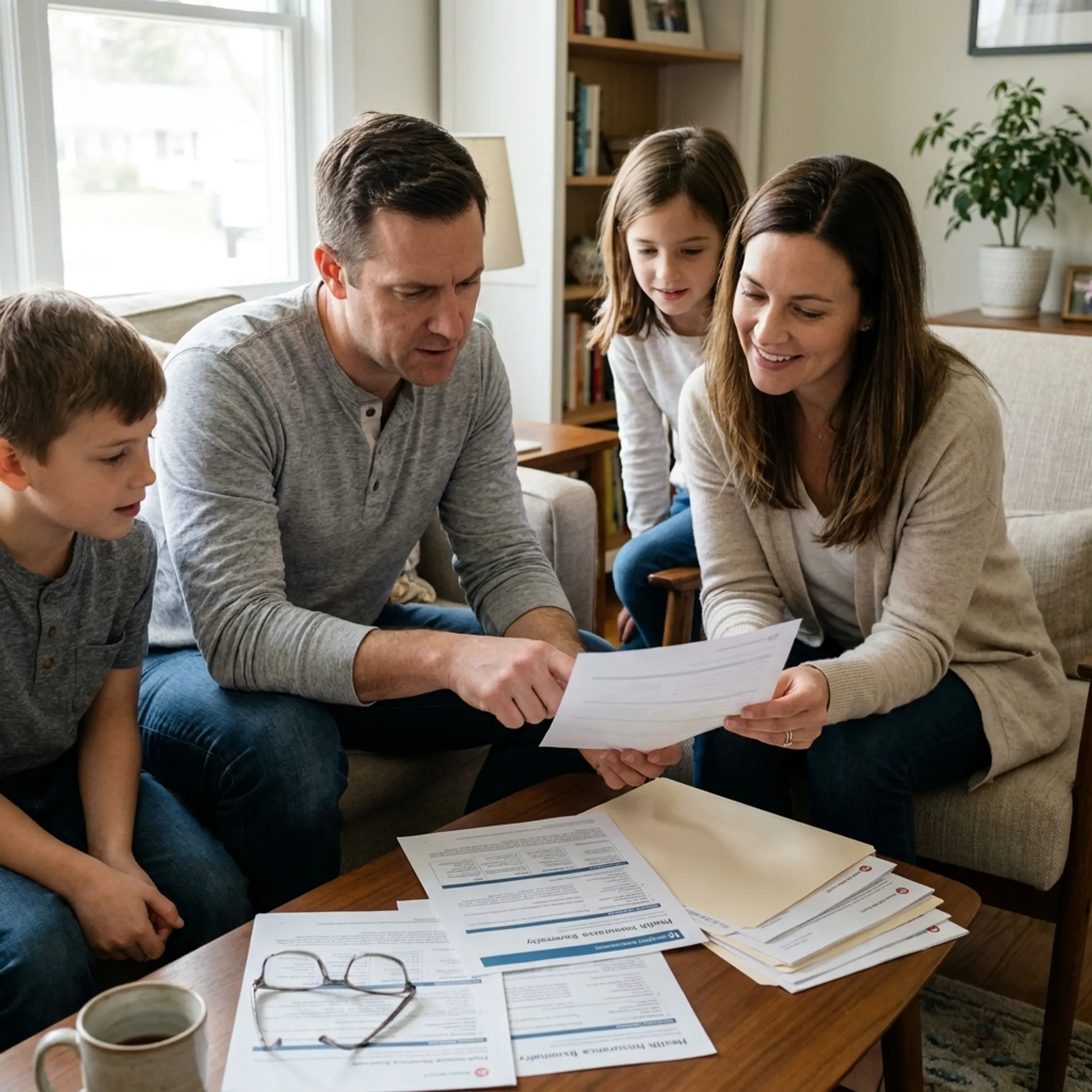 Family reviewing private healthcare plan details with a licensed advisor