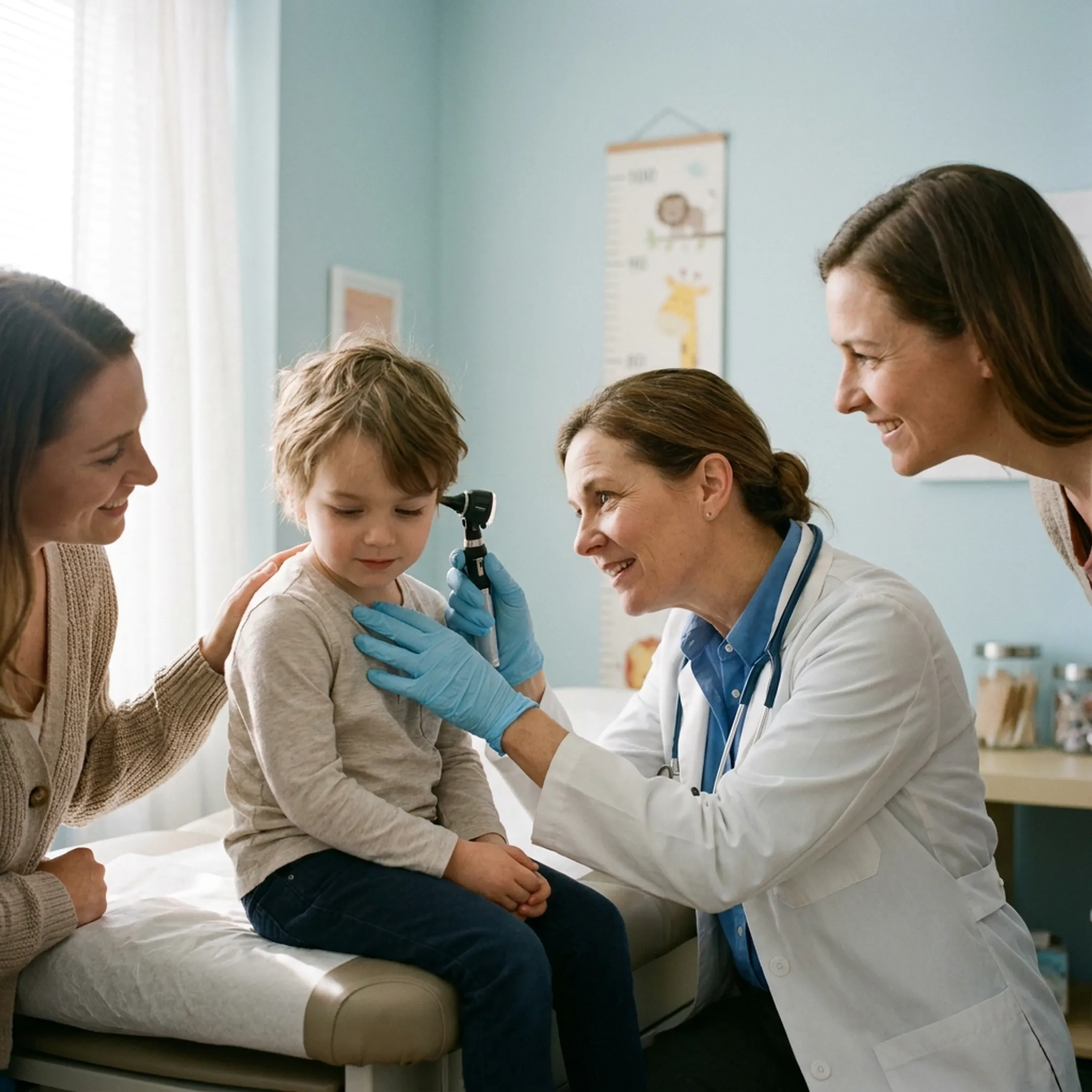 Doctor greeting a mother and child during a routine family wellness exam