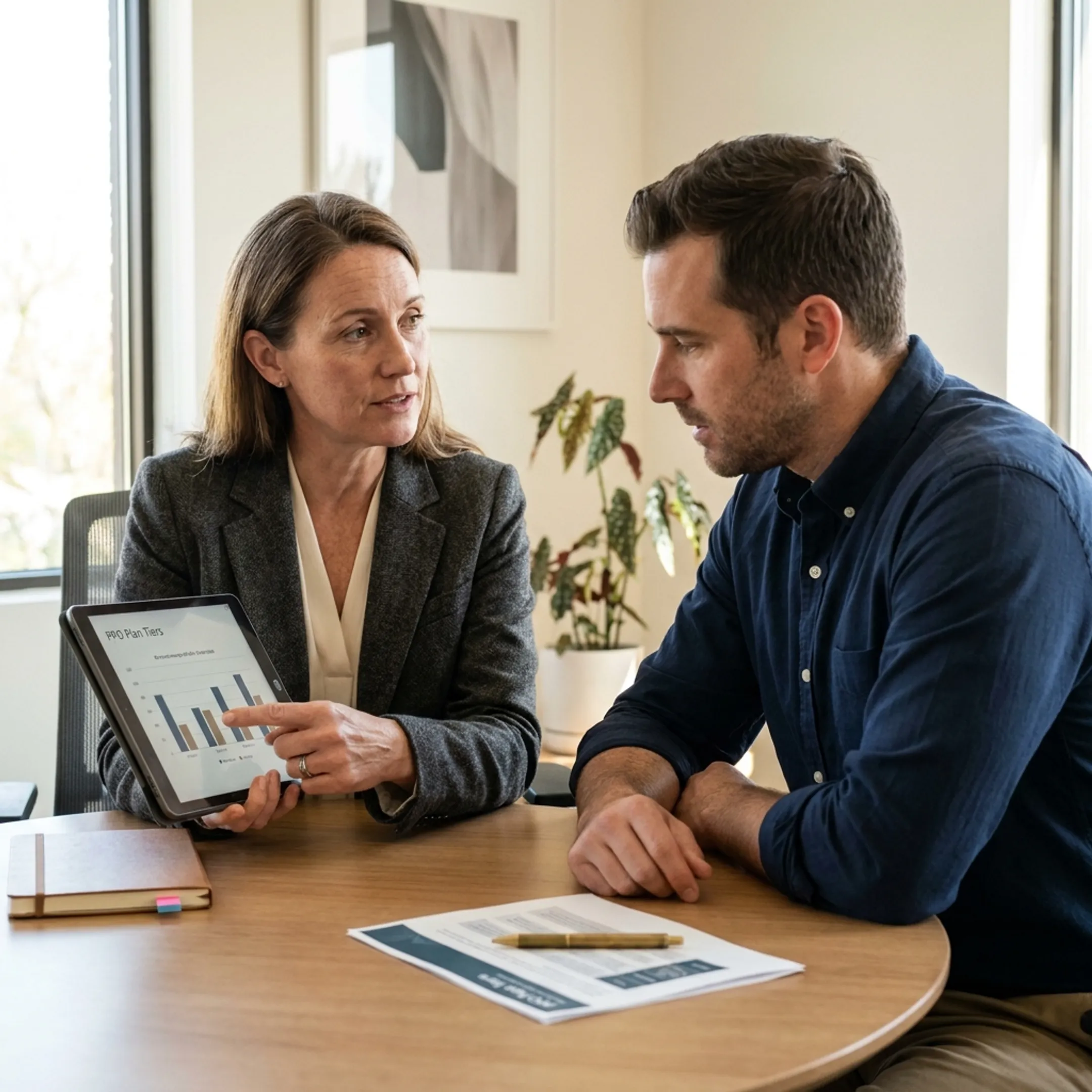 Licensed benefits advisor helping small business managers compare health plans