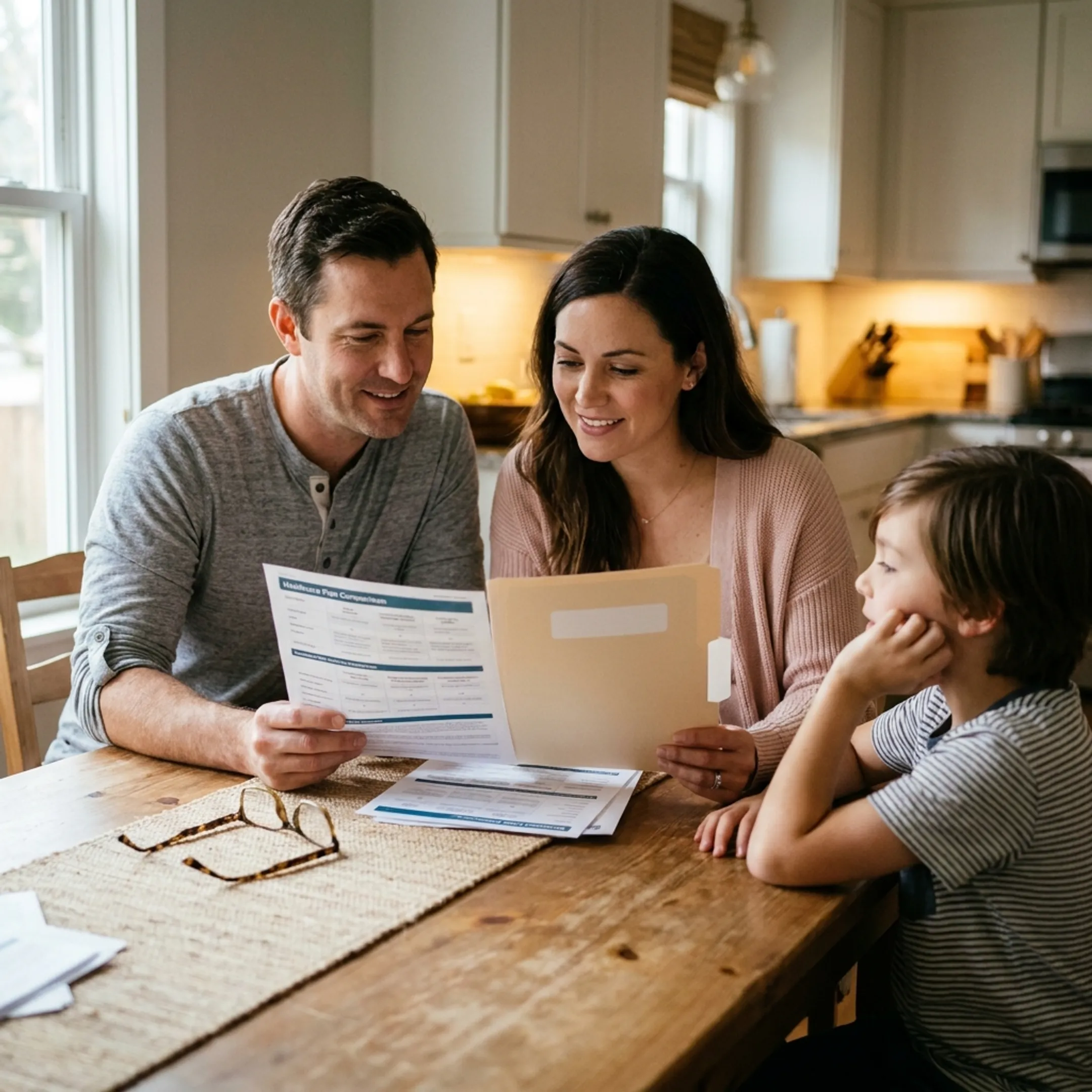 Family discussing affordable healthcare coverage options at home