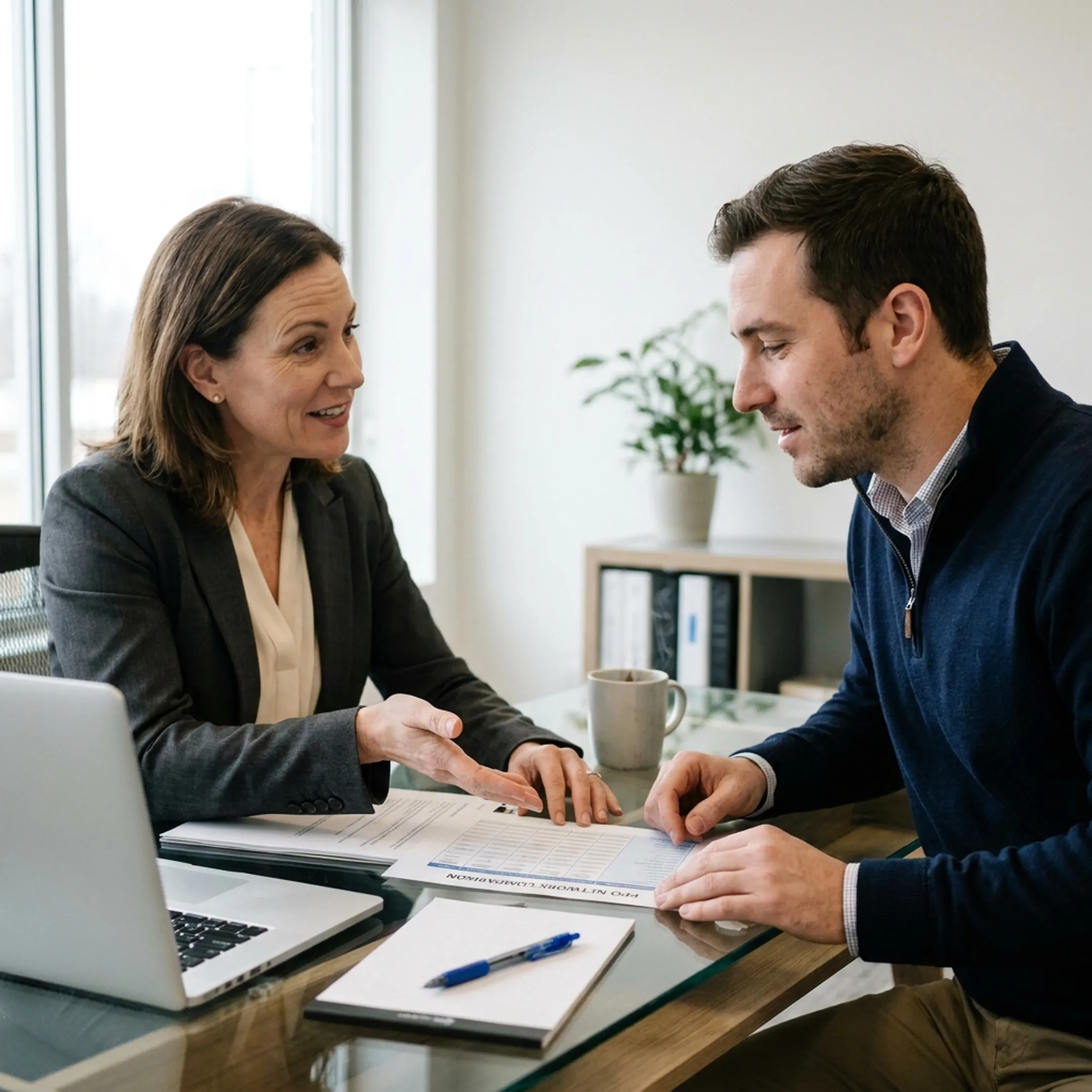 Advisor consulting with client over health insurance policy comparisons