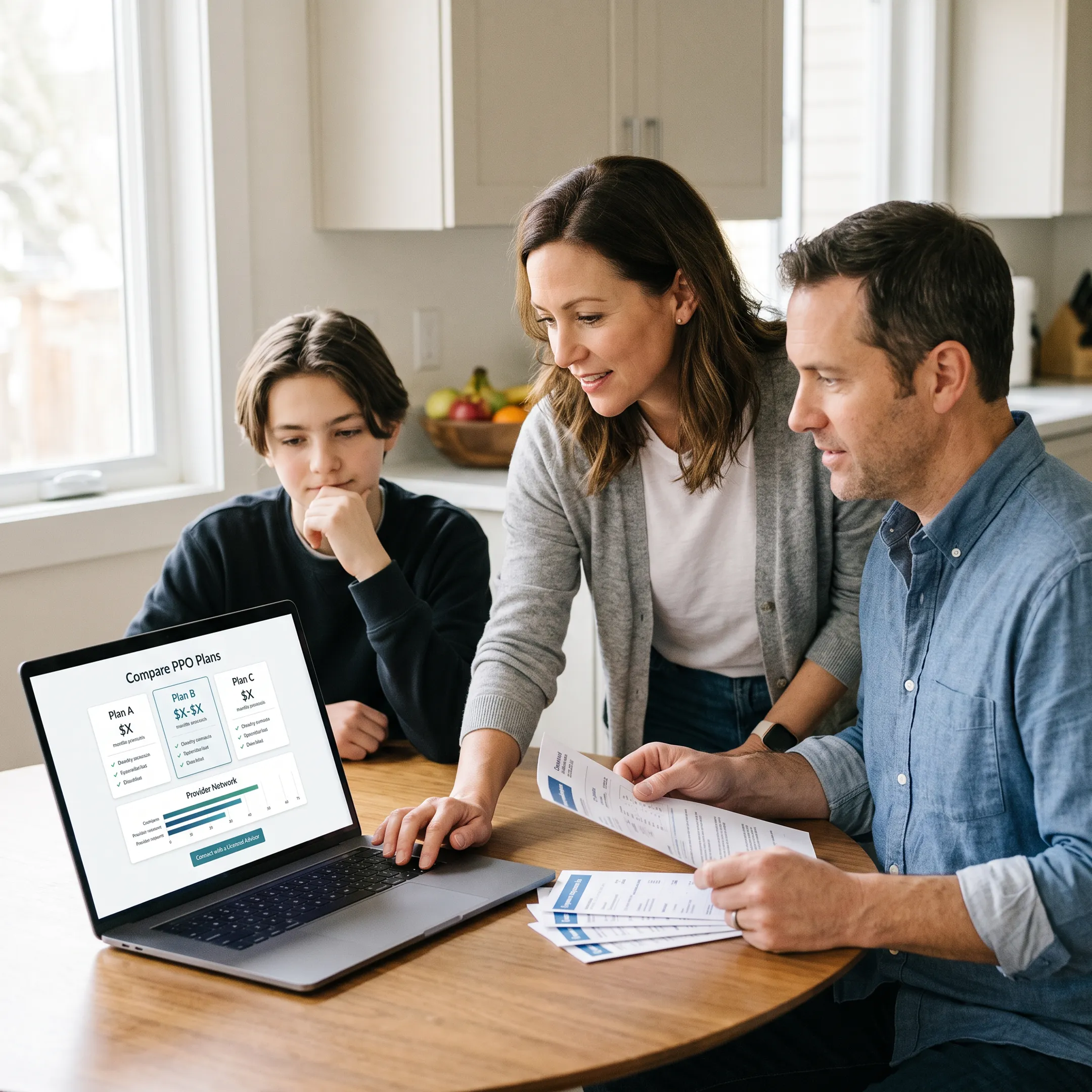 Family reviewing affordable PPO health insurance options at home in Winston-Salem