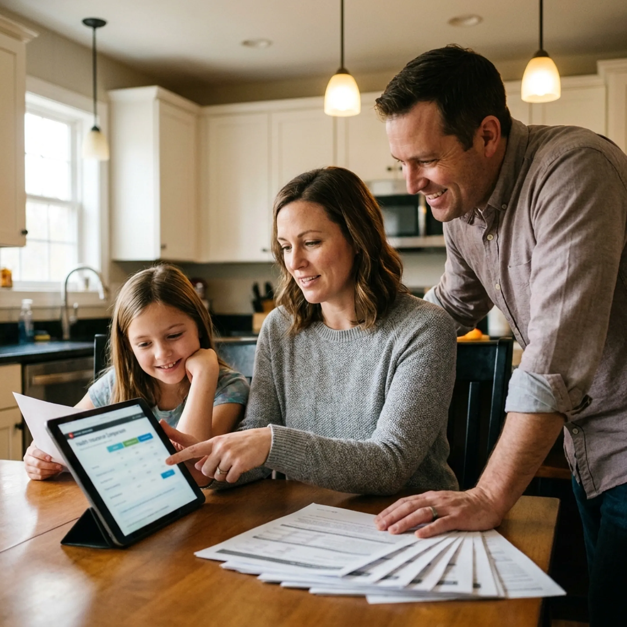 Family reviewing health insurance coverage options together at home