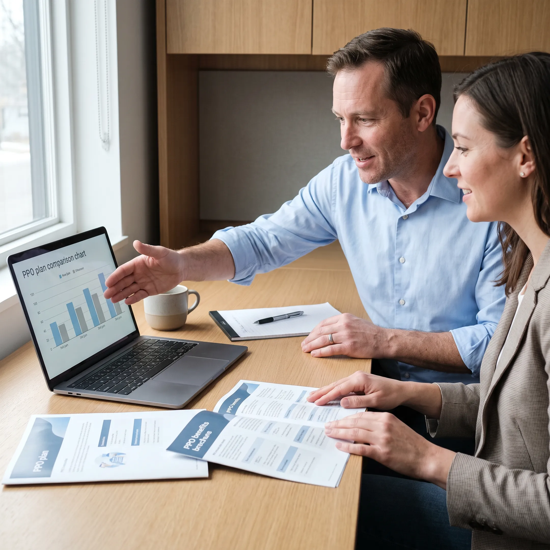 Health insurance advisor reviewing PPO plan options on a laptop