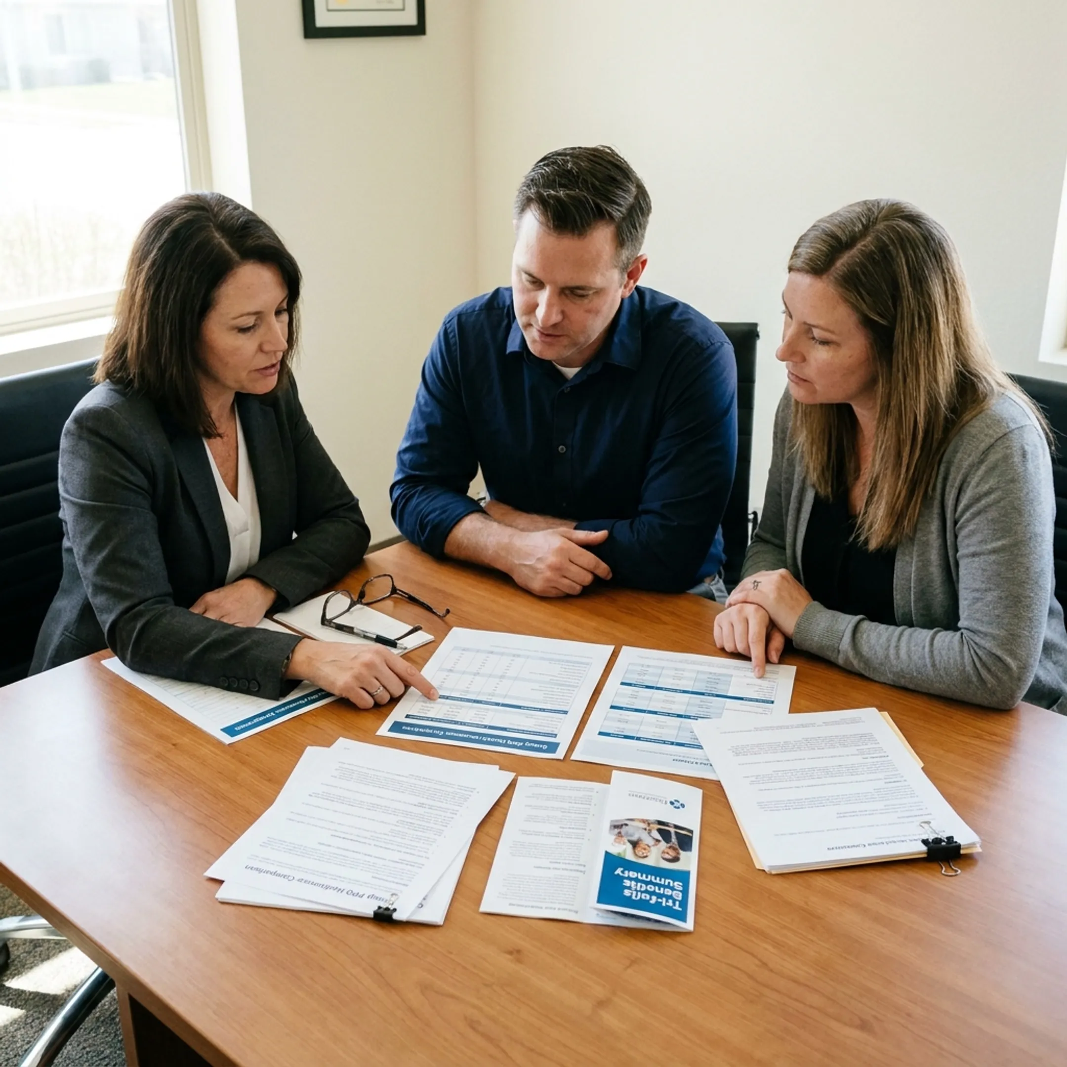 Tennessee business executives reviewing group health insurance options in a modern office