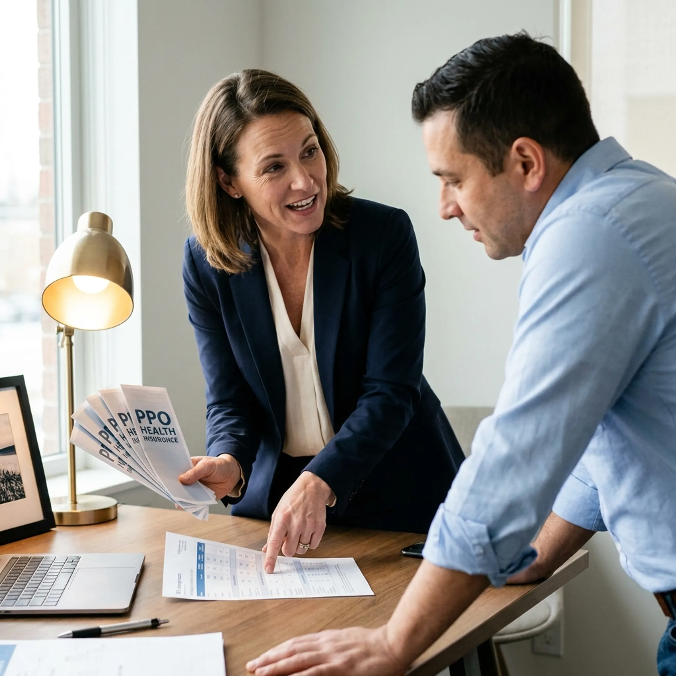 Licensed health insurance advisor explaining PPO plan options to an employer