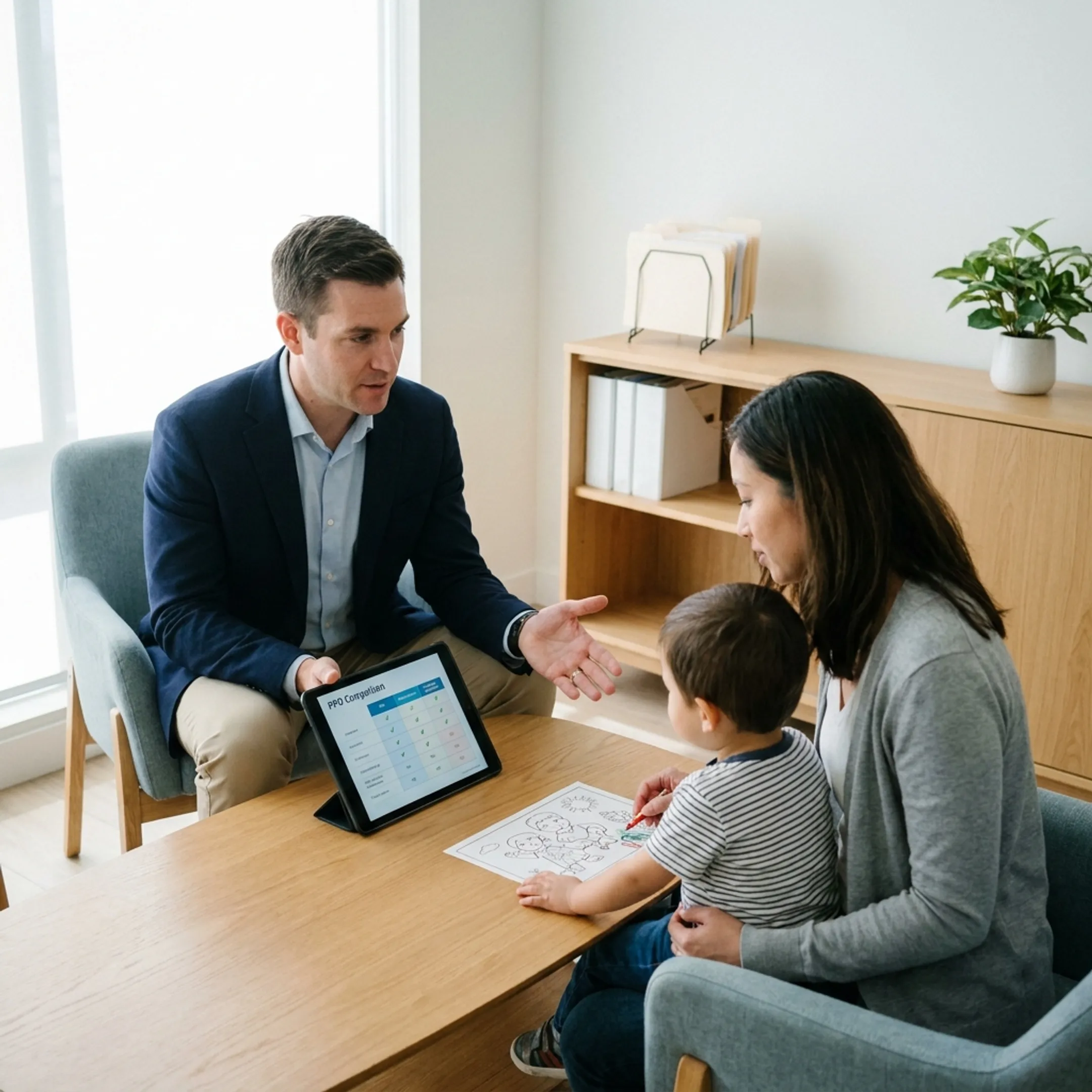Mother and child consulting a physician under a California PPO health plan