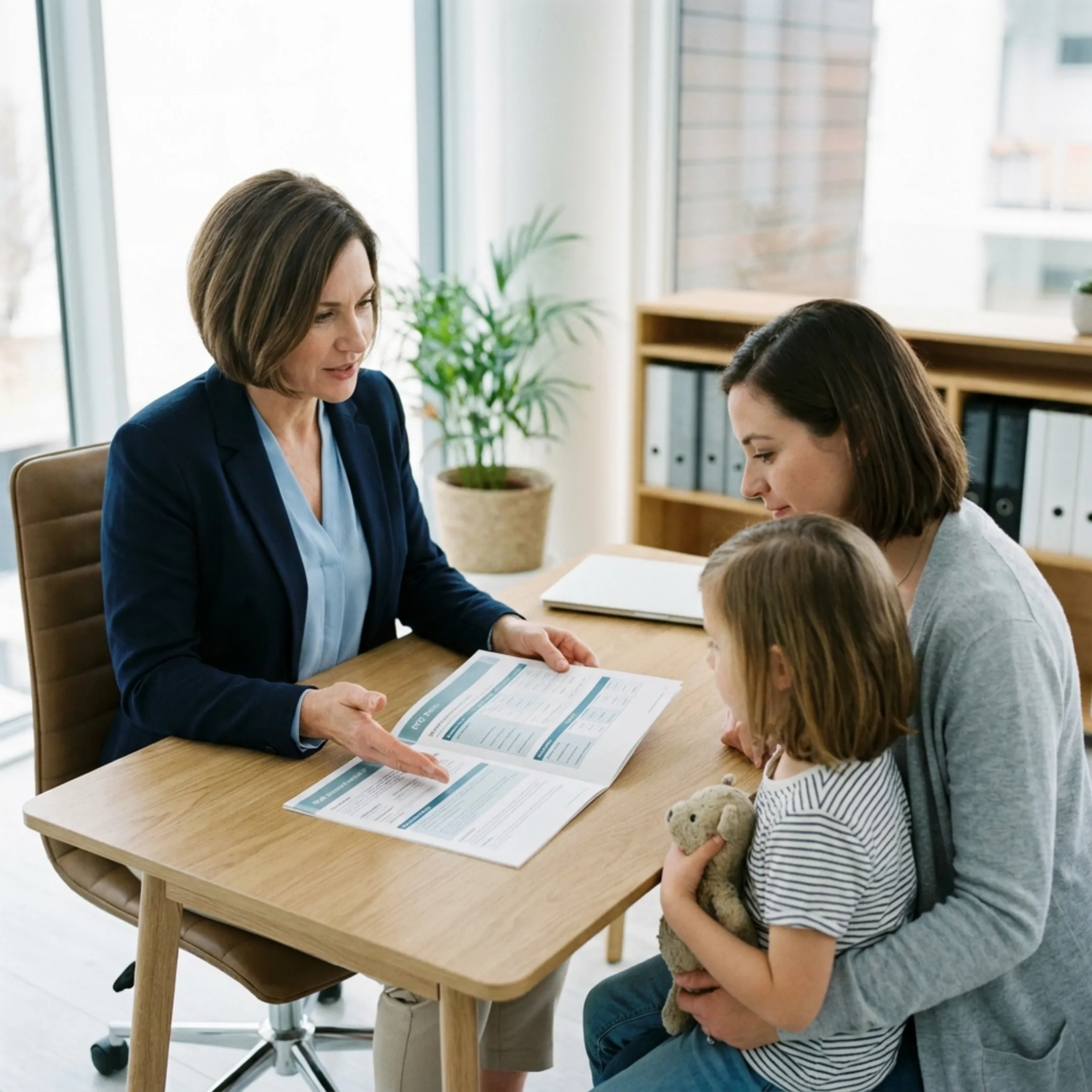 Doctor discussing medical health plan benefits with a family