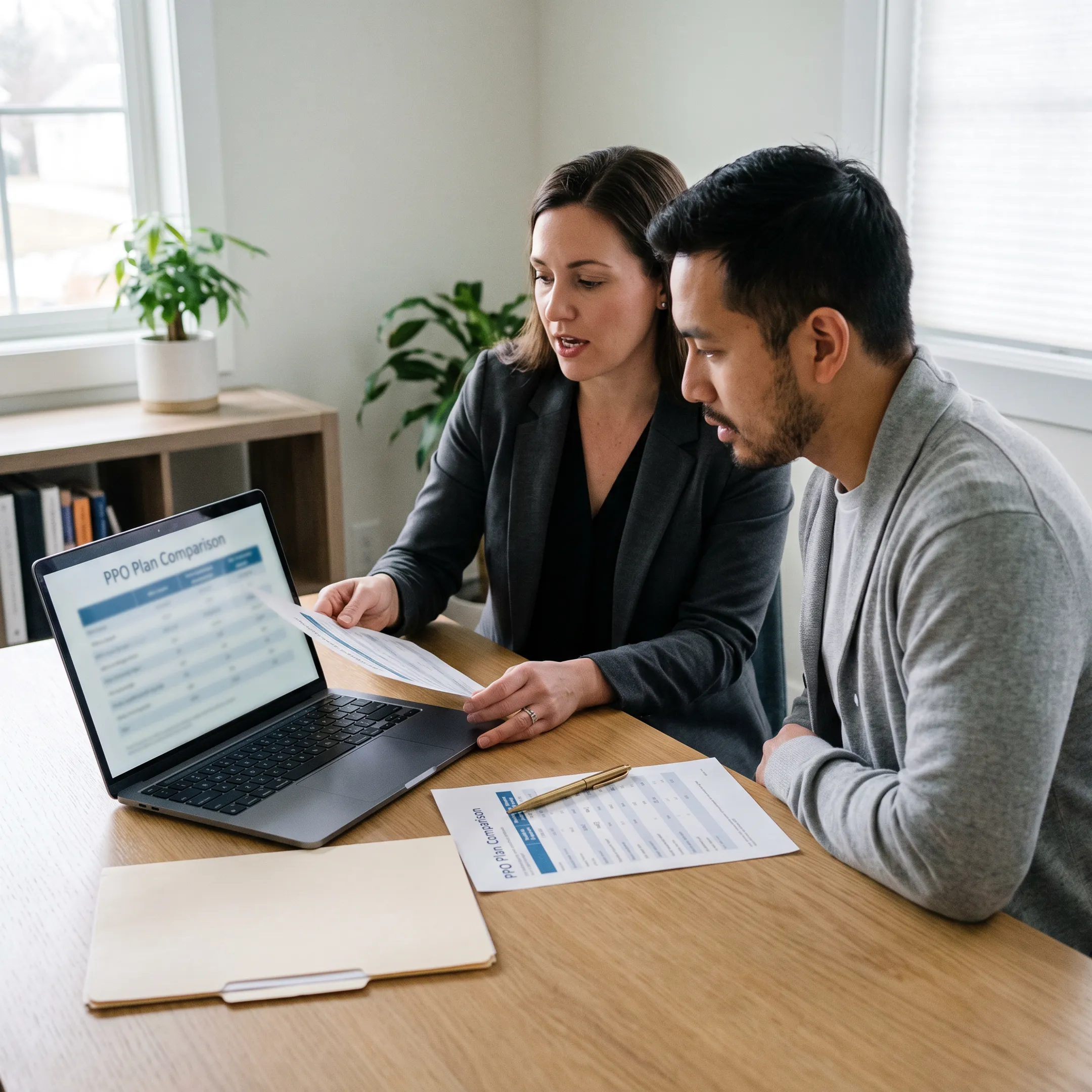 Fayetteville resident reviewing health insurance plan options with an advisor on a laptop